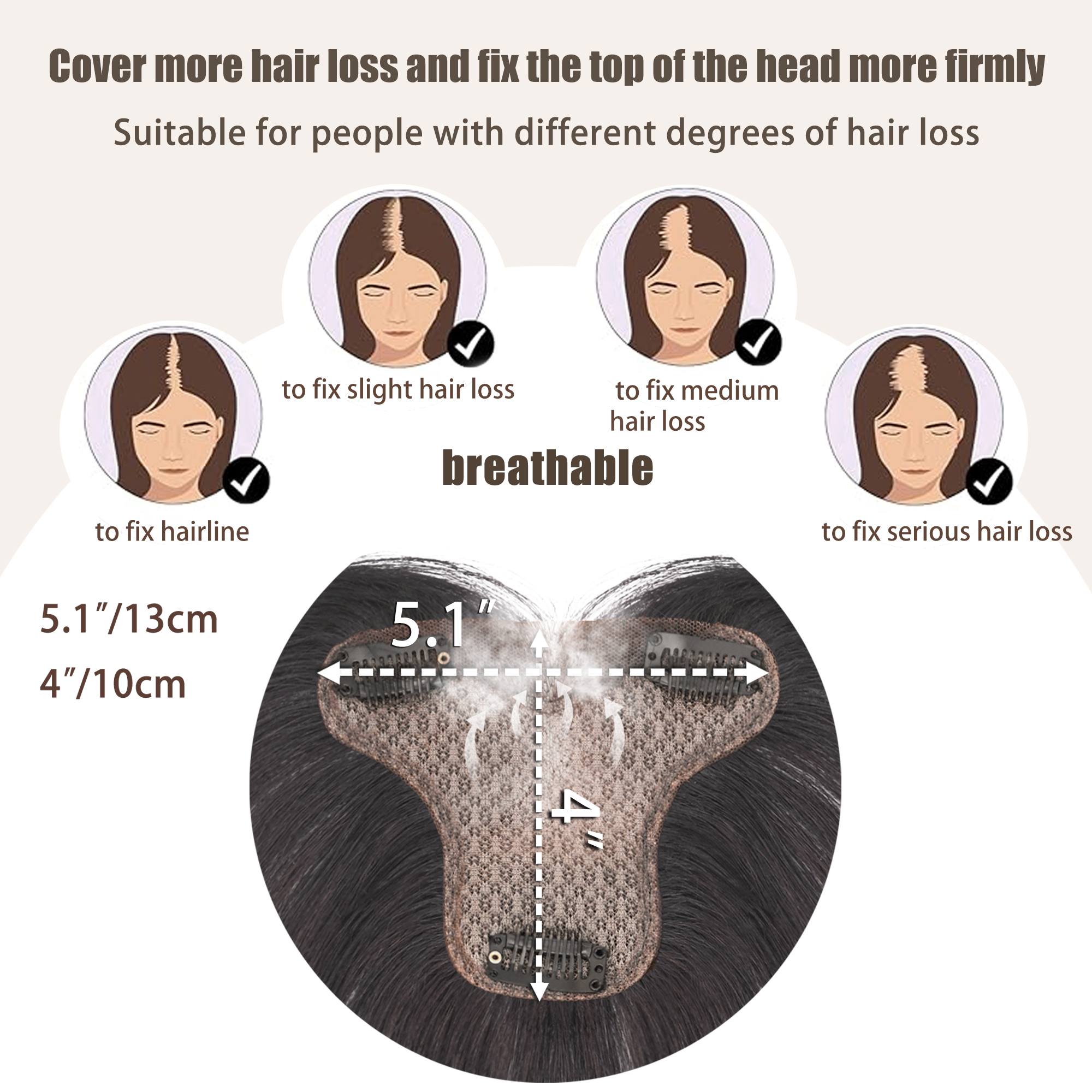 Meiverah Handmade Human Hair Middle Part Clip In Toupee No Bangs Seamless Natural Topper Breathable Mesh Base Women Thickening Hairpiece (Natural Black/Swissnet)
