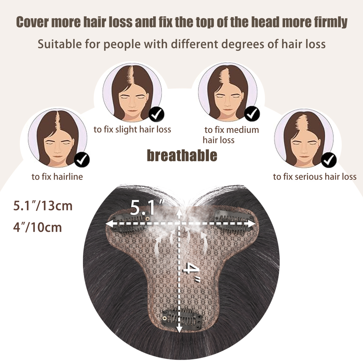 Meiverah Handmade Human Hair Middle Part Clip In Toupee No Bangs Seamless Natural Topper Breathable Mesh Base Women Thickening Hairpiece (Natural Black/Swissnet)