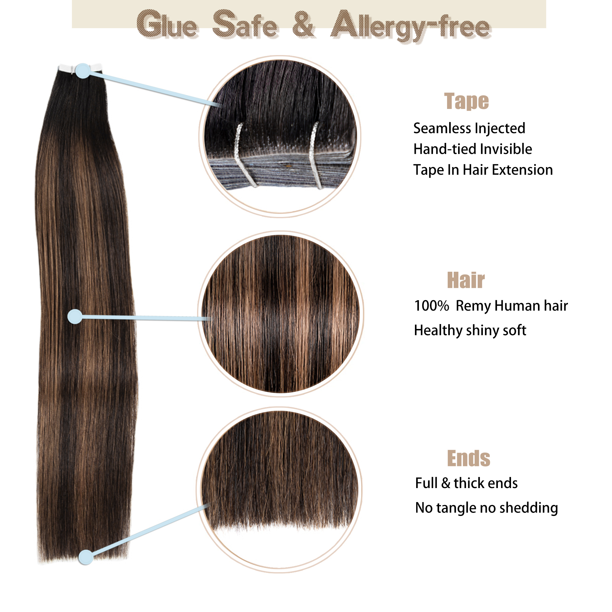 Meiverah Seamless Injected Hand-Tied Tape In Hair Extensions 20 Pcs/50 g Virgin Human Hair (#P1B/6/T1B)