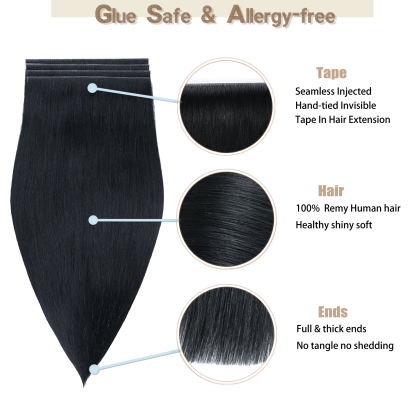 Meiverah 7.87 x 0.32 Inch Long Seamless Hand-Tied Invisible Tape-In Hair Extensions (4 Pcs) - Virgin Human Hair (#1)