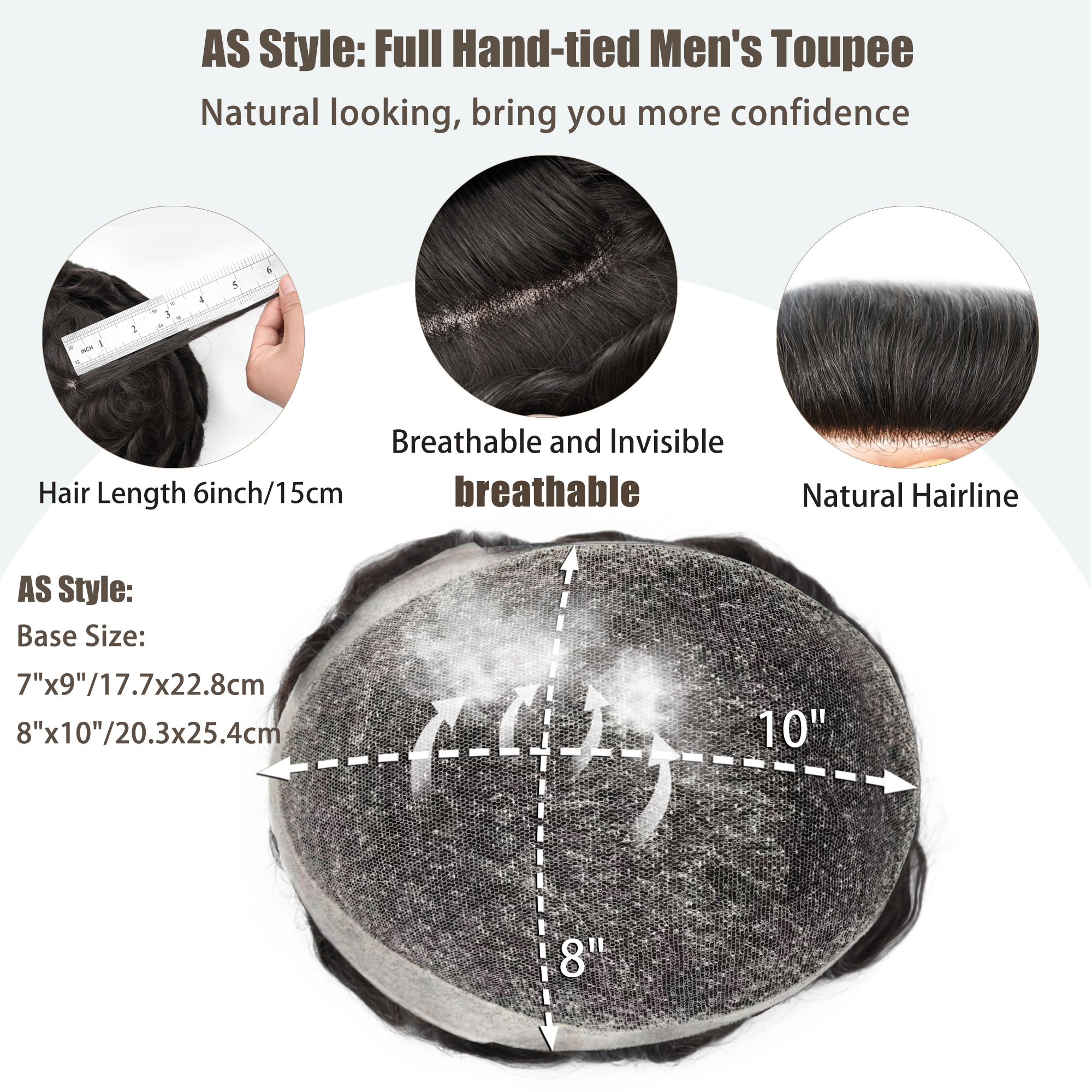 Meiverah Natural-Looking Handmade Men's Top Wig - AS Style (1# Color)