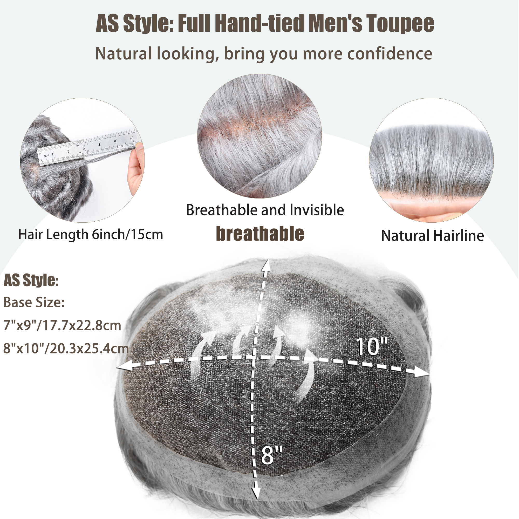 Meiverah Natural-Looking Handmade Men's Top Wig - AS Style (1B/80H Color)