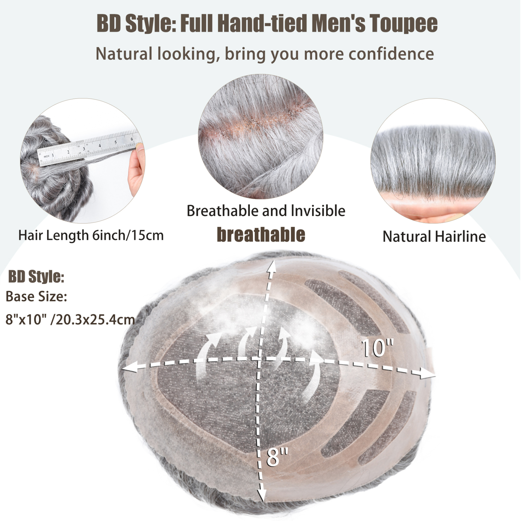 Meiverah Natural-Looking Handmade Men's Top Wig - BD Style (1B/80H Color)