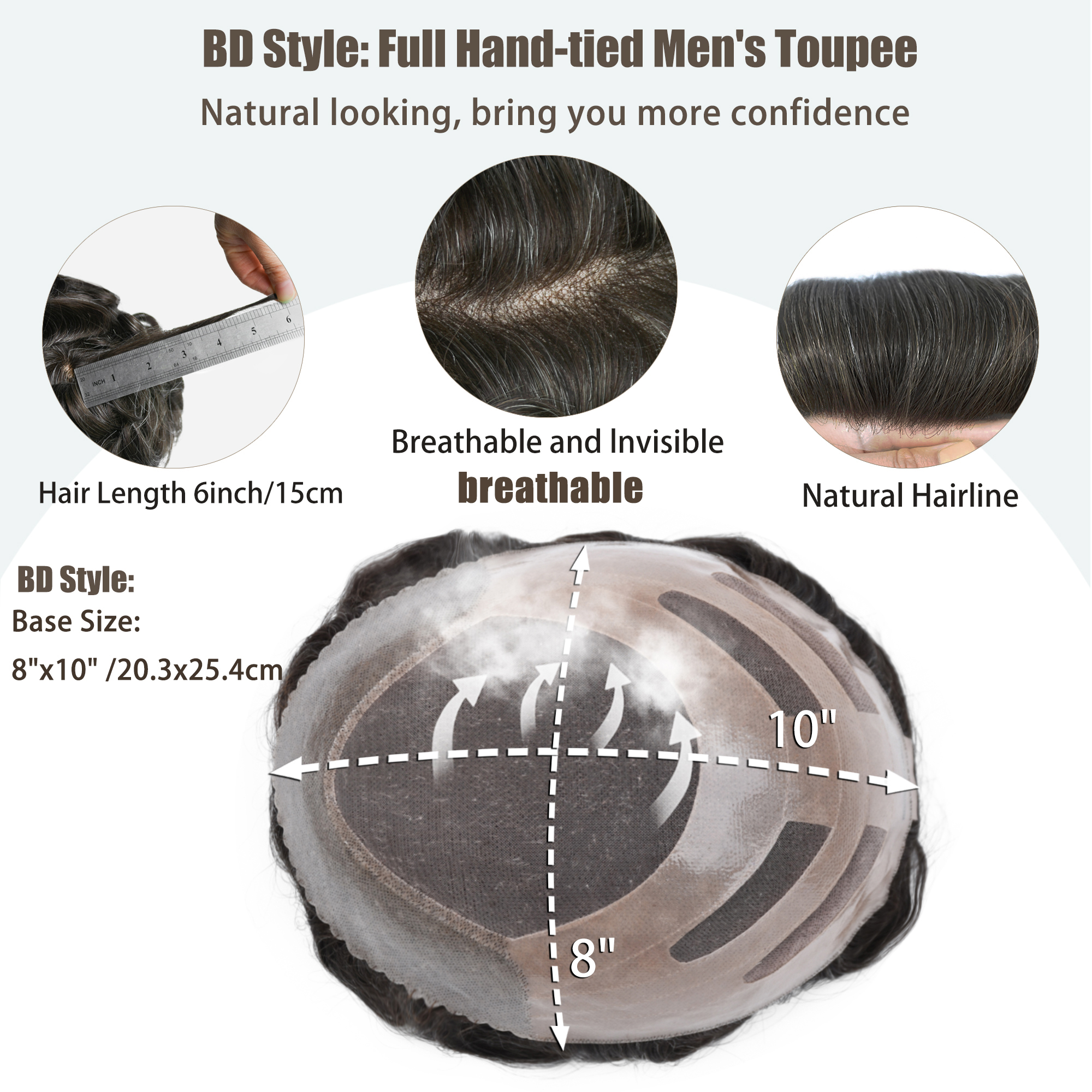 Meiverah Natural-Looking Handmade Men's Top Wig - BD Style (1B/30 Color)