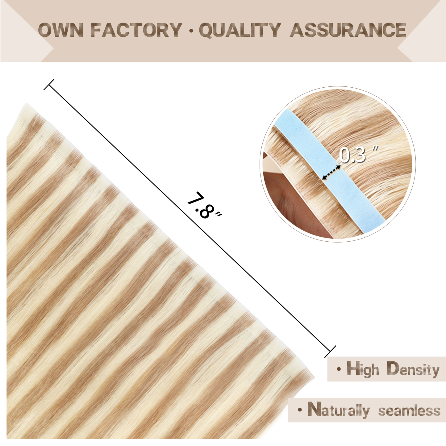 Meiverah 7.87 x 0.32 Inch Long Seamless Hand-Tied Invisible Tape-In Hair Extensions (4 Pcs) - Virgin Human Hair (#P18/613)