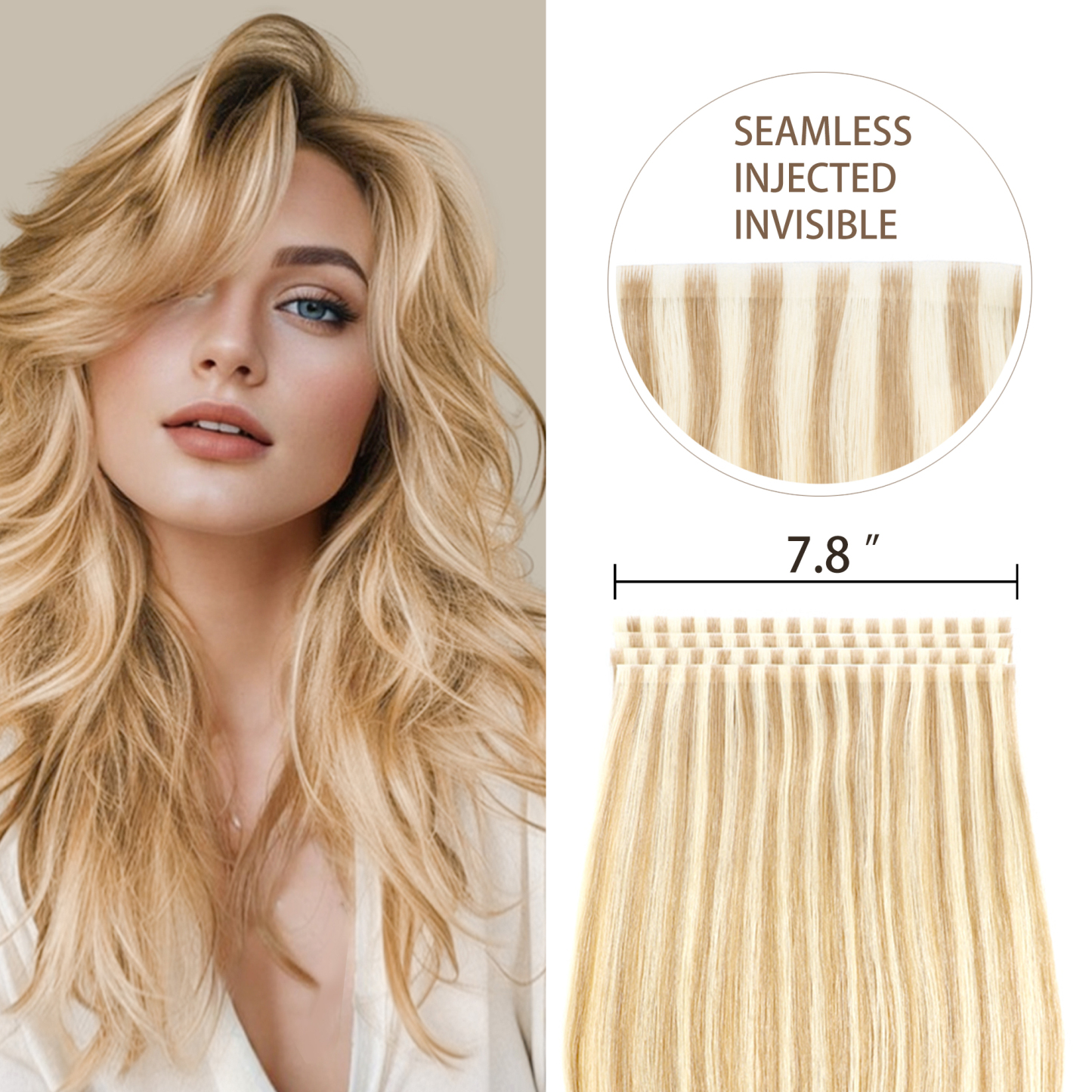Meiverah 7.87 x 0.32 Inch Long Seamless Hand-Tied Invisible Tape-In Hair Extensions (4 Pcs) - Virgin Human Hair (#P18/613)