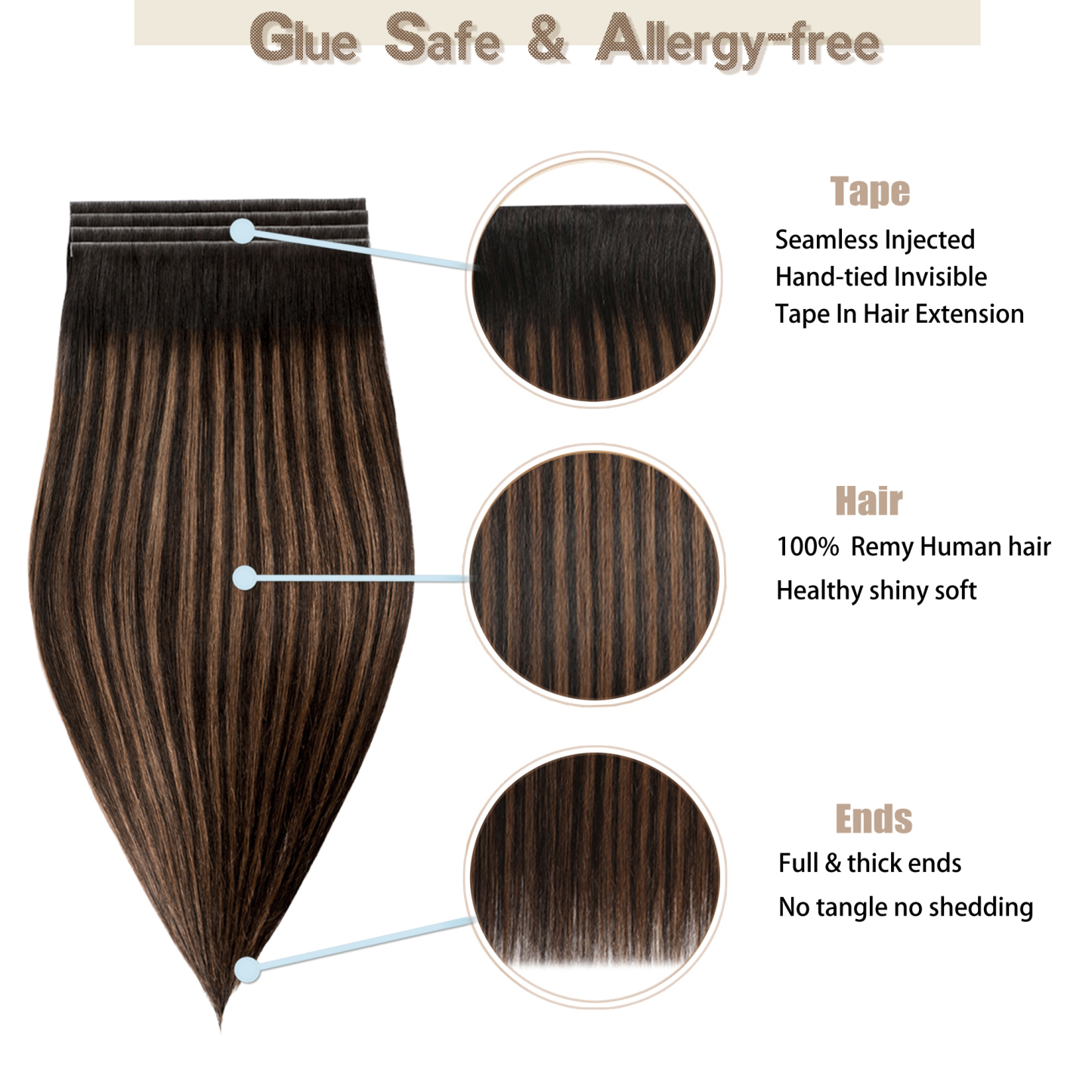 Meiverah 7.87 x 0.32 Inch Long Seamless Hand-Tied Invisible Tape-In Hair Extensions (4 Pcs) - Virgin Human Hair (#P1B/6/T1B)