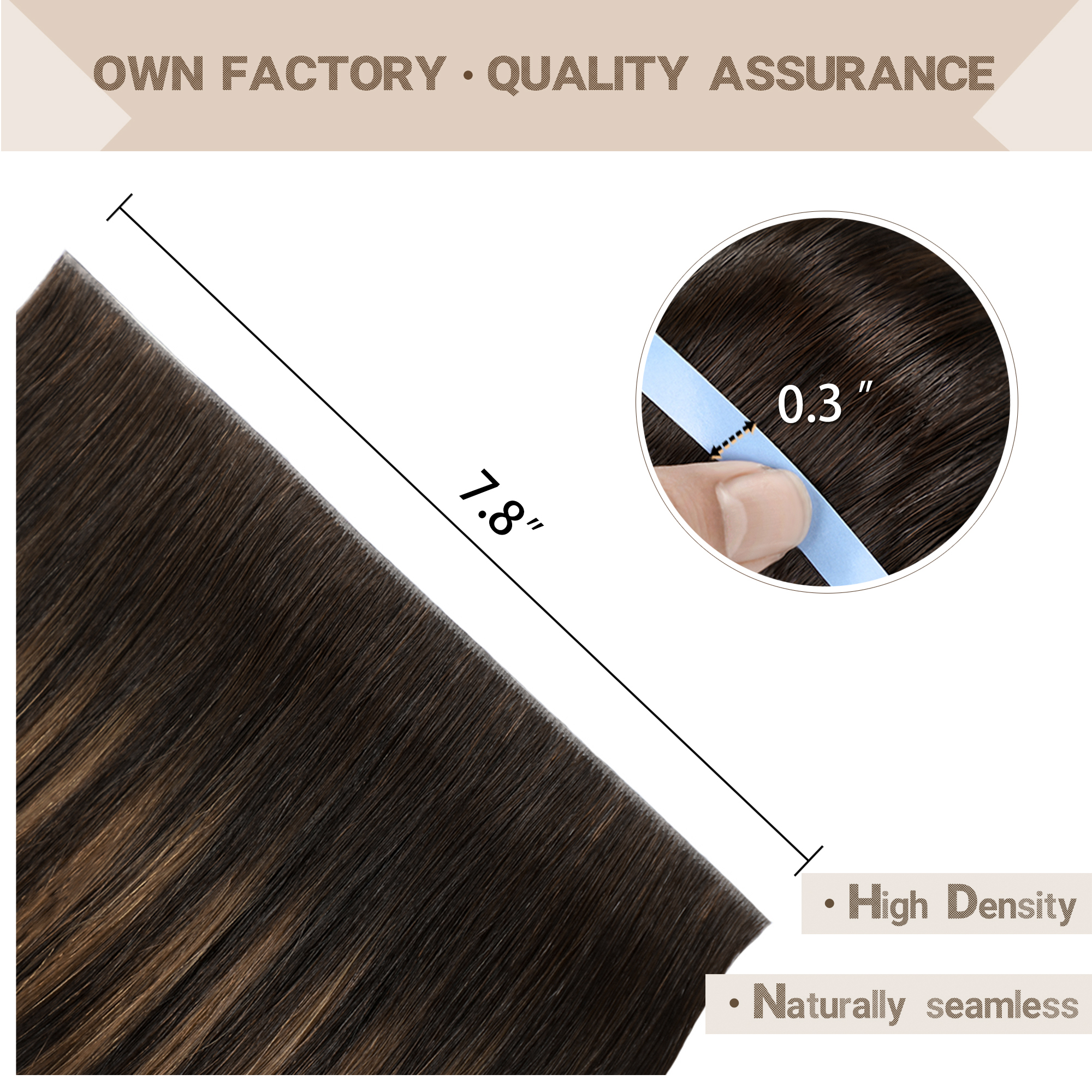 Meiverah 7.87 x 0.32 Inch Long Seamless Hand-Tied Invisible Tape-In Hair Extensions (4 Pcs) - Virgin Human Hair (#P2/6/T2)
