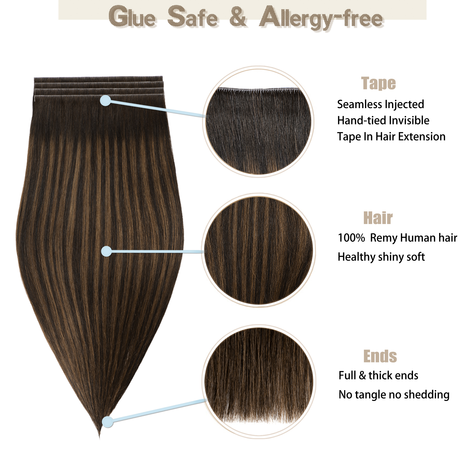 Meiverah 7.87 x 0.32 Inch Long Seamless Hand-Tied Invisible Tape-In Hair Extensions (4 Pcs) - Virgin Human Hair (#P2/6/T2)