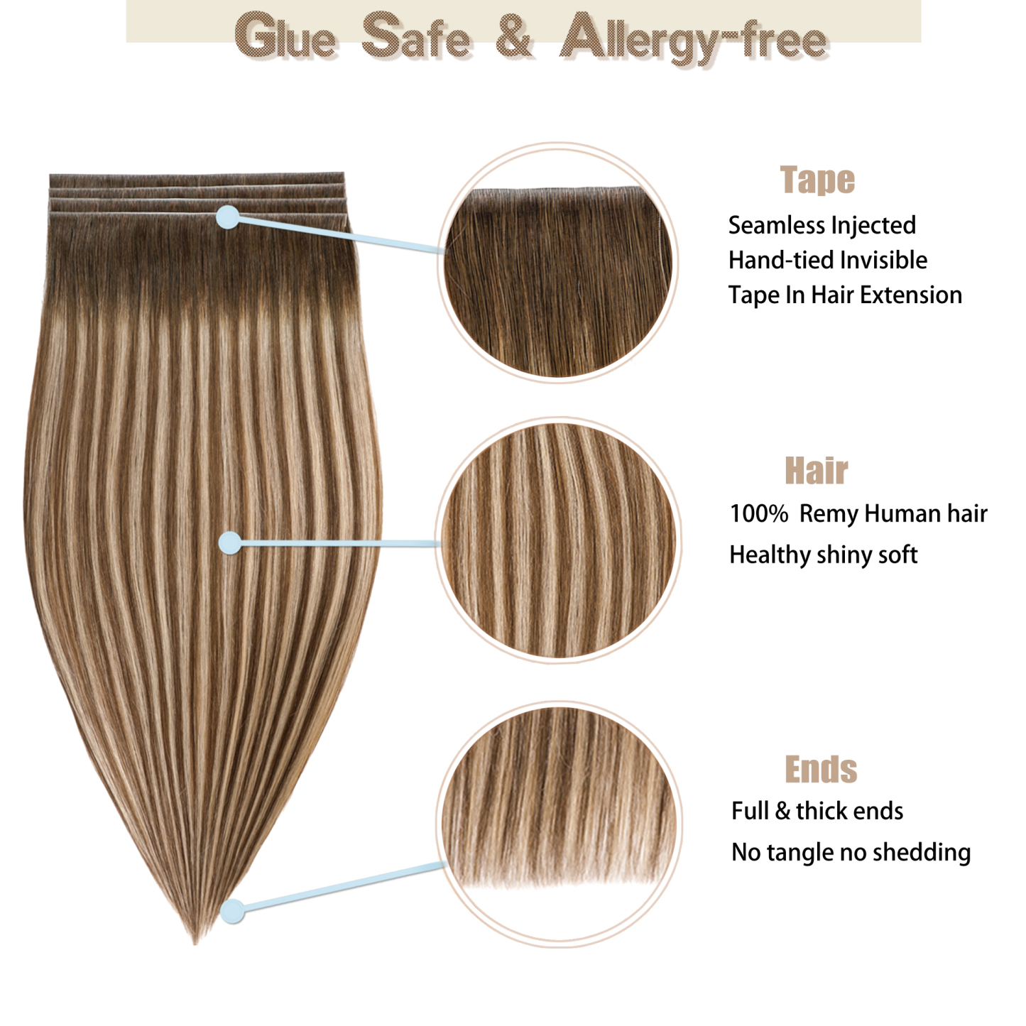 Meiverah 7.87 x 0.32 Inch Long Seamless Hand-Tied Invisible Tape-In Hair Extensions (4 Pcs) - Virgin Human Hair (#P4/27/T4)