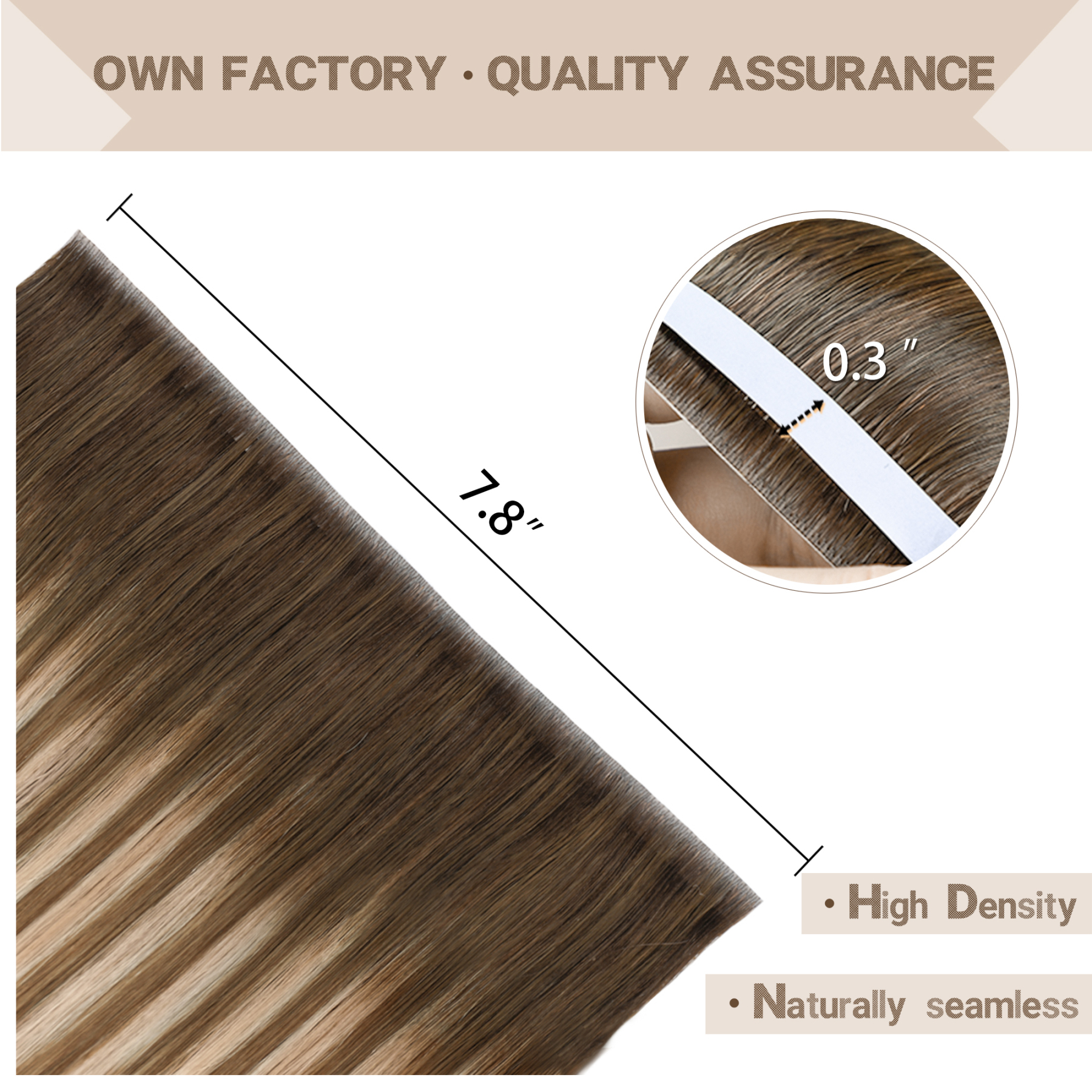 Meiverah 7.87 x 0.32 Inch Long Seamless Hand-Tied Invisible Tape-In Hair Extensions (4 Pcs) - Virgin Human Hair (#P4/27/T4)