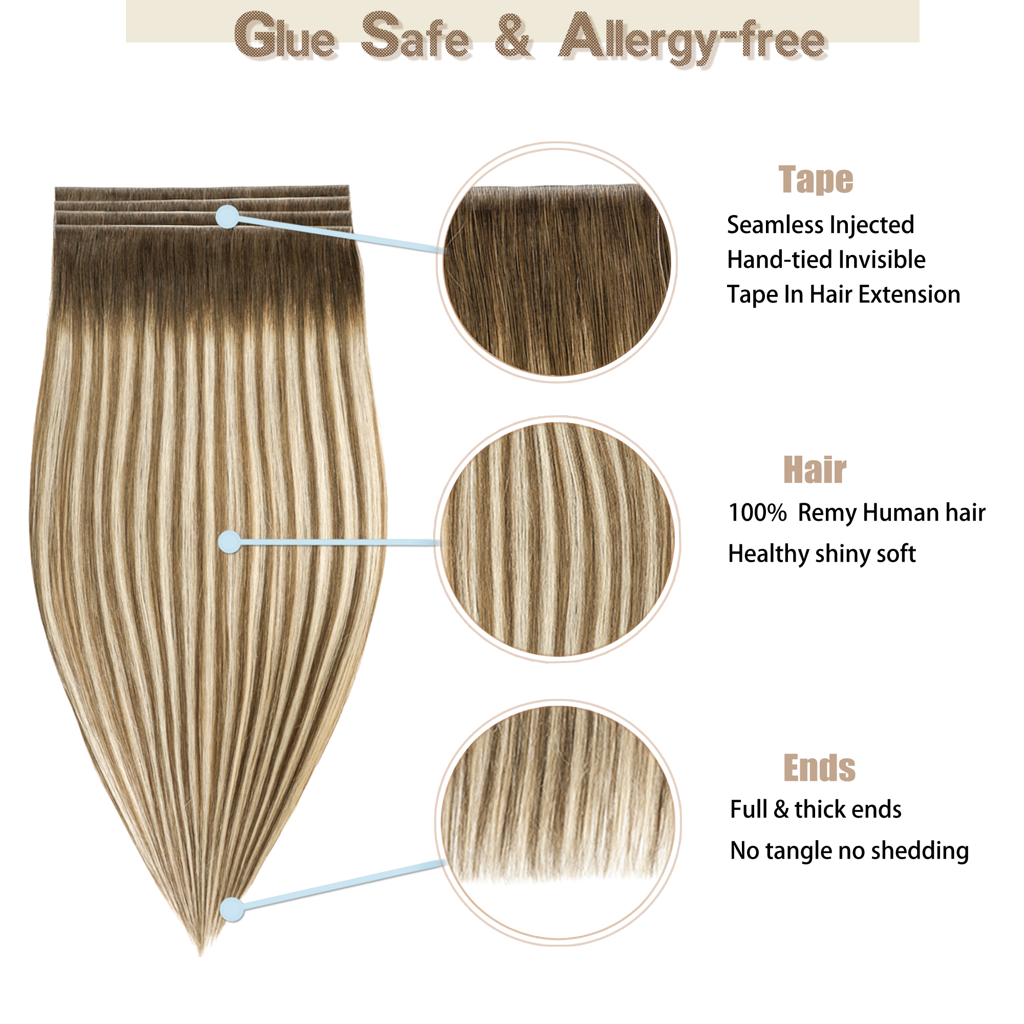 Meiverah 7.87 x 0.32 Inch Long Seamless Hand-Tied Invisible Tape-In Hair Extensions (4 Pcs) - Virgin Human Hair (#P6/613/T4)