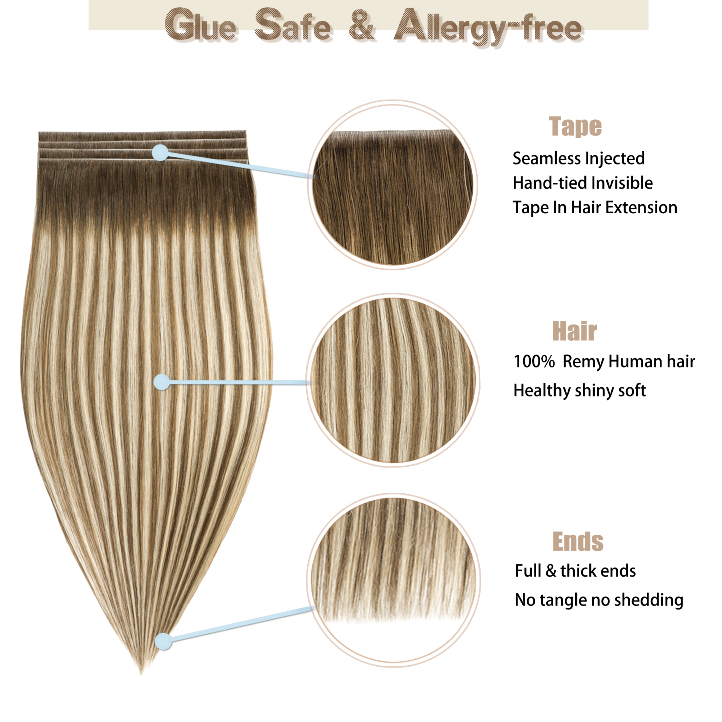 Meiverah 7.87 x 0.32 Inch Long Seamless Hand-Tied Invisible Tape-In Hair Extensions (4 Pcs) - Virgin Human Hair (#P6/613/T4)