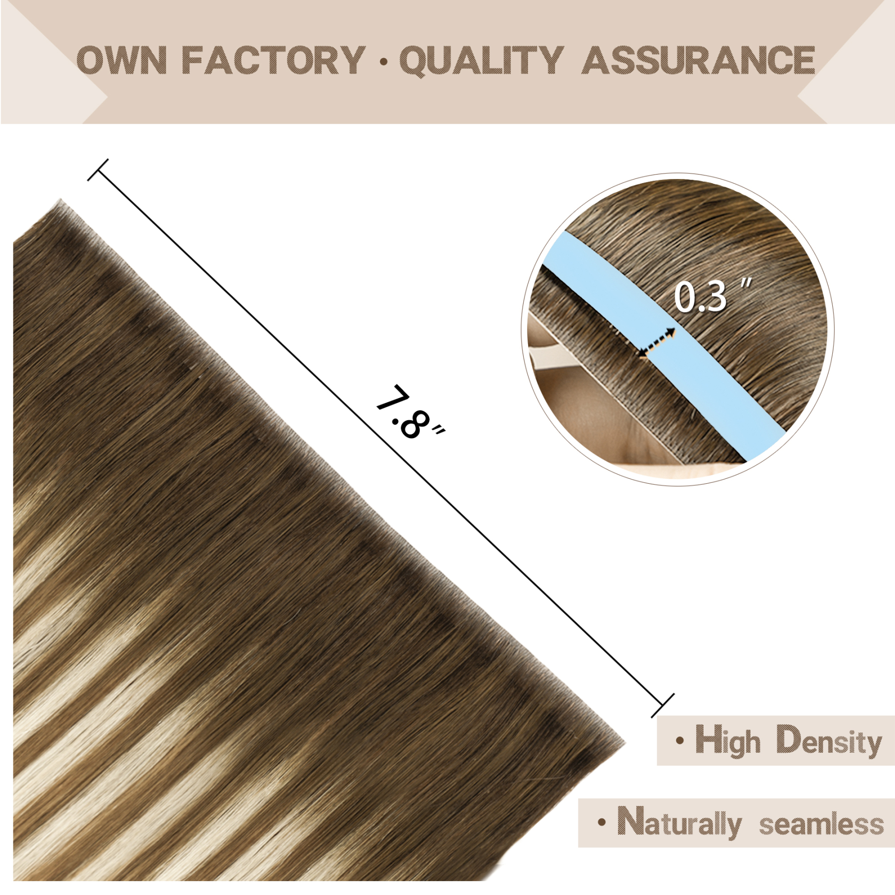 Meiverah 7.87 x 0.32 Inch Long Seamless Hand-Tied Invisible Tape-In Hair Extensions (4 Pcs) - Virgin Human Hair (#P6/613/T4)