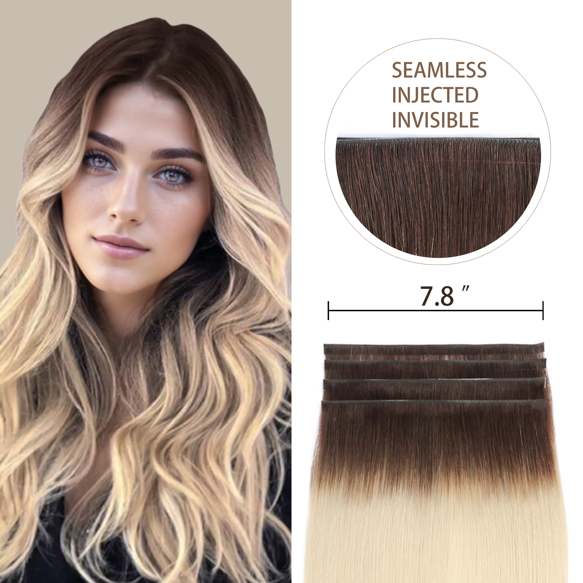Meiverah 7.87 x 0.32 Inch Long Seamless Hand-Tied Invisible Tape-In Hair Extensions (4 Pcs) - Virgin Human Hair (#T2/60)