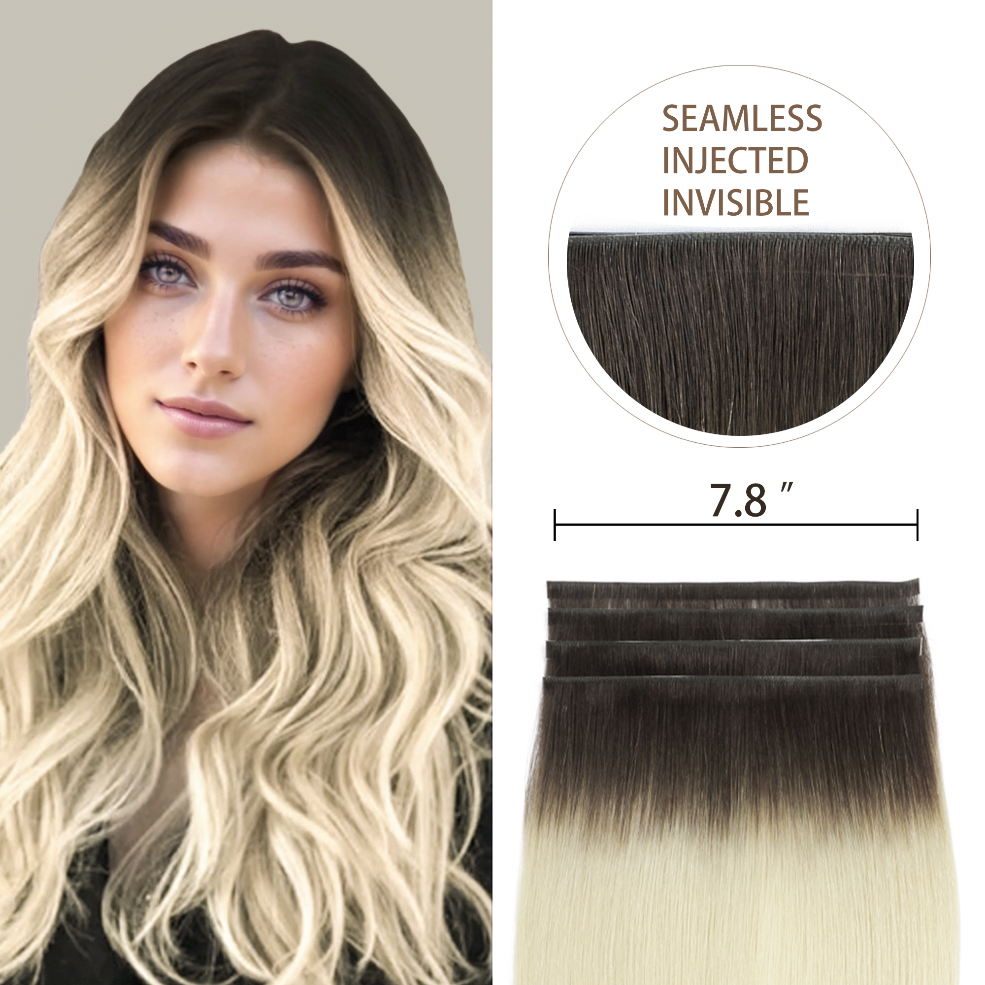 Meiverah 7.87 x 0.32 Inch Long Seamless Hand-Tied Invisible Tape-In Hair Extensions (4 Pcs) - Virgin Human Hair (#T2/60)