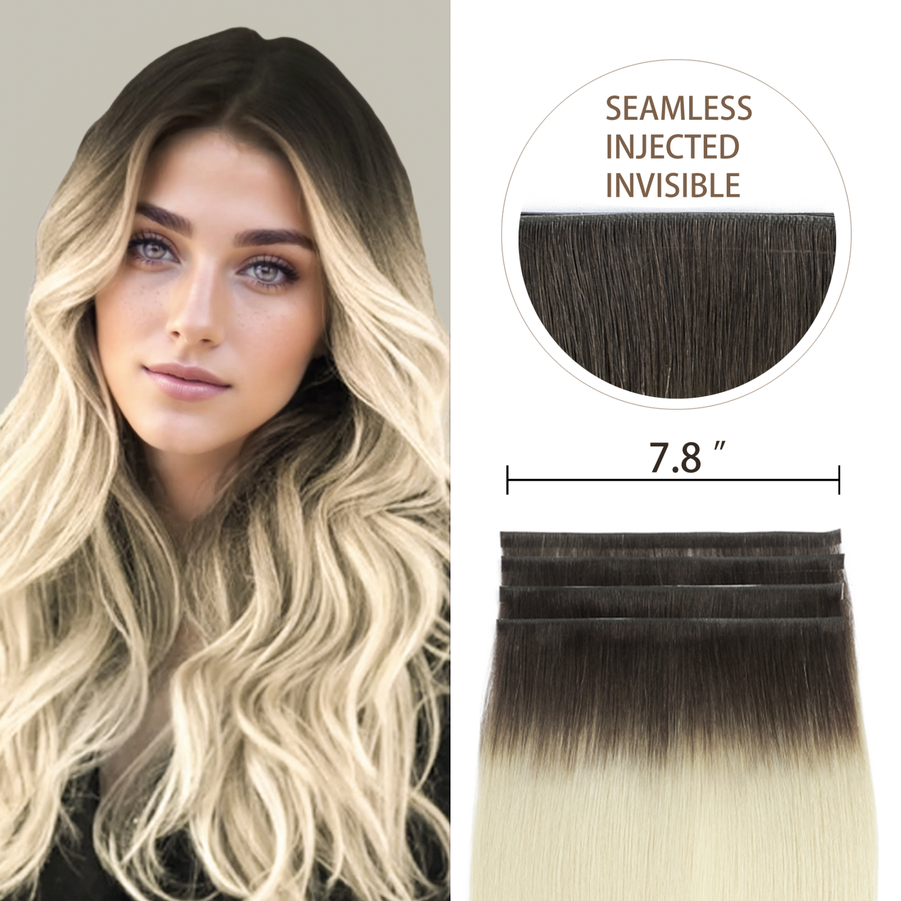 Meiverah 7.87 x 0.32 Inch Long Seamless Hand-Tied Invisible Tape-In Hair Extensions (4 Pcs) - Virgin Human Hair (#T2/60)