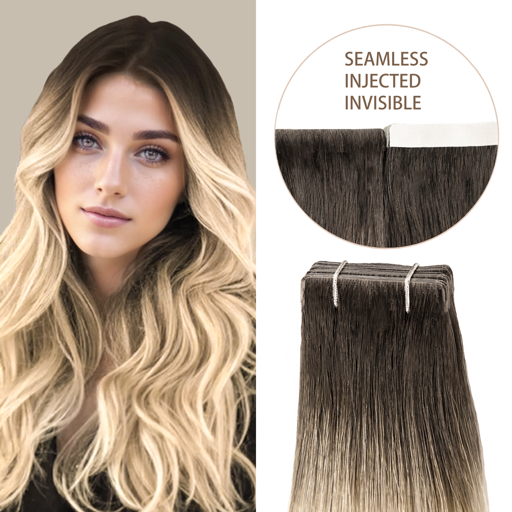 Meiverah Seamless Injected Hand-Tied Tape In Hair Extensions 20 Pcs/50 g Virgin Human Hair (#T2/60)