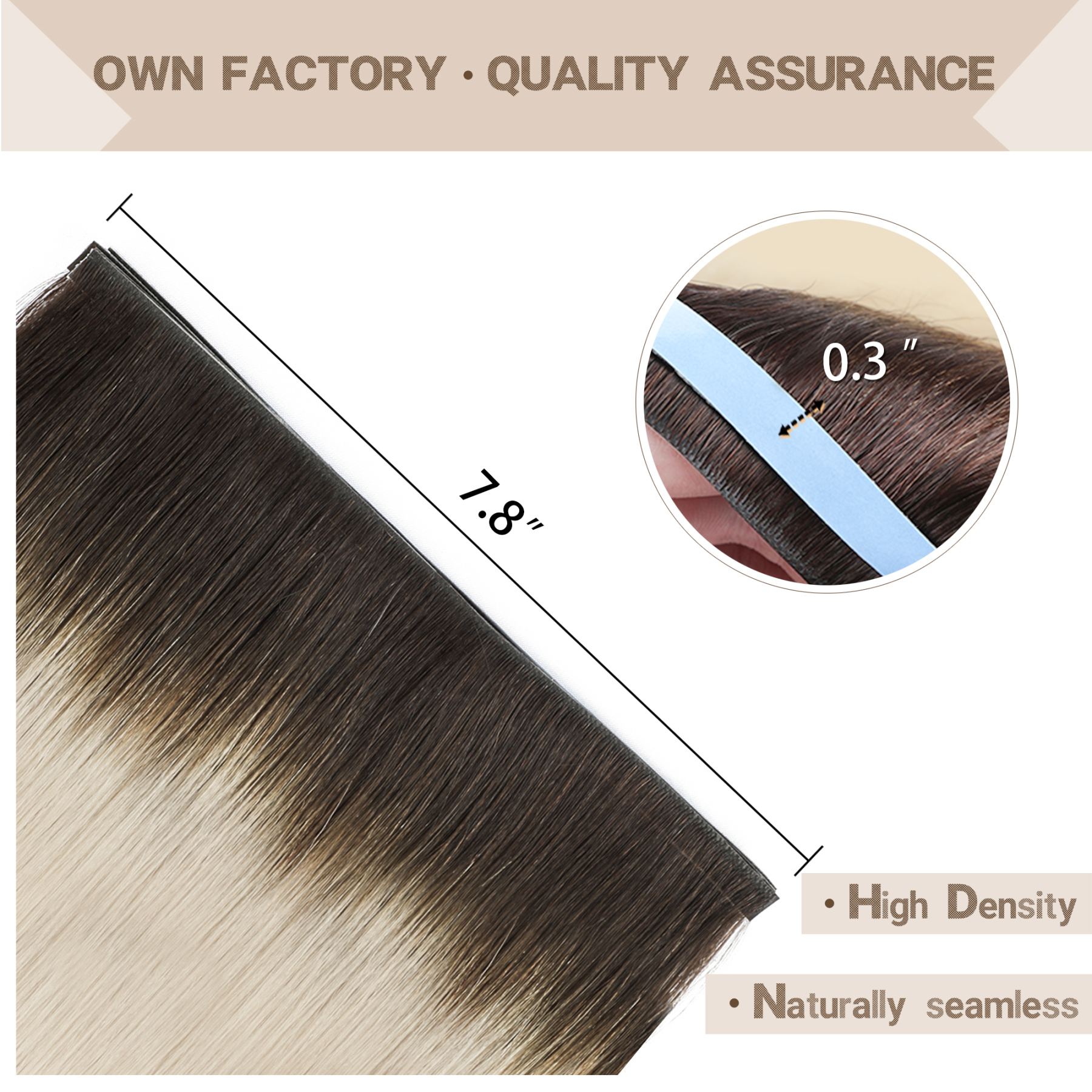 Meiverah 7.87 x 0.32 Inch Long Seamless Hand-Tied Invisible Tape-In Hair Extensions (4 Pcs) - Virgin Human Hair (#T2/60)