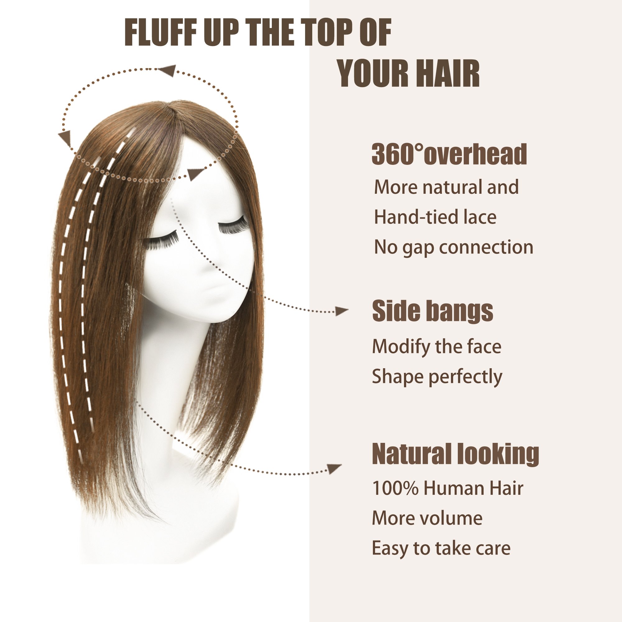 Meiverah Real Human Hair Full Hand-tied Swiss Mono Base Topper NO Bangs  Clip-In Thick Hairpiece for Women (#4 light brown)