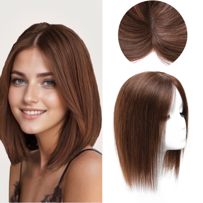 Meiverah Real Human Hair Hand-tied Mono Base Topper NO Bangs (Medium Moka Brown)- Clip-In Thick  Hairpiece for Women