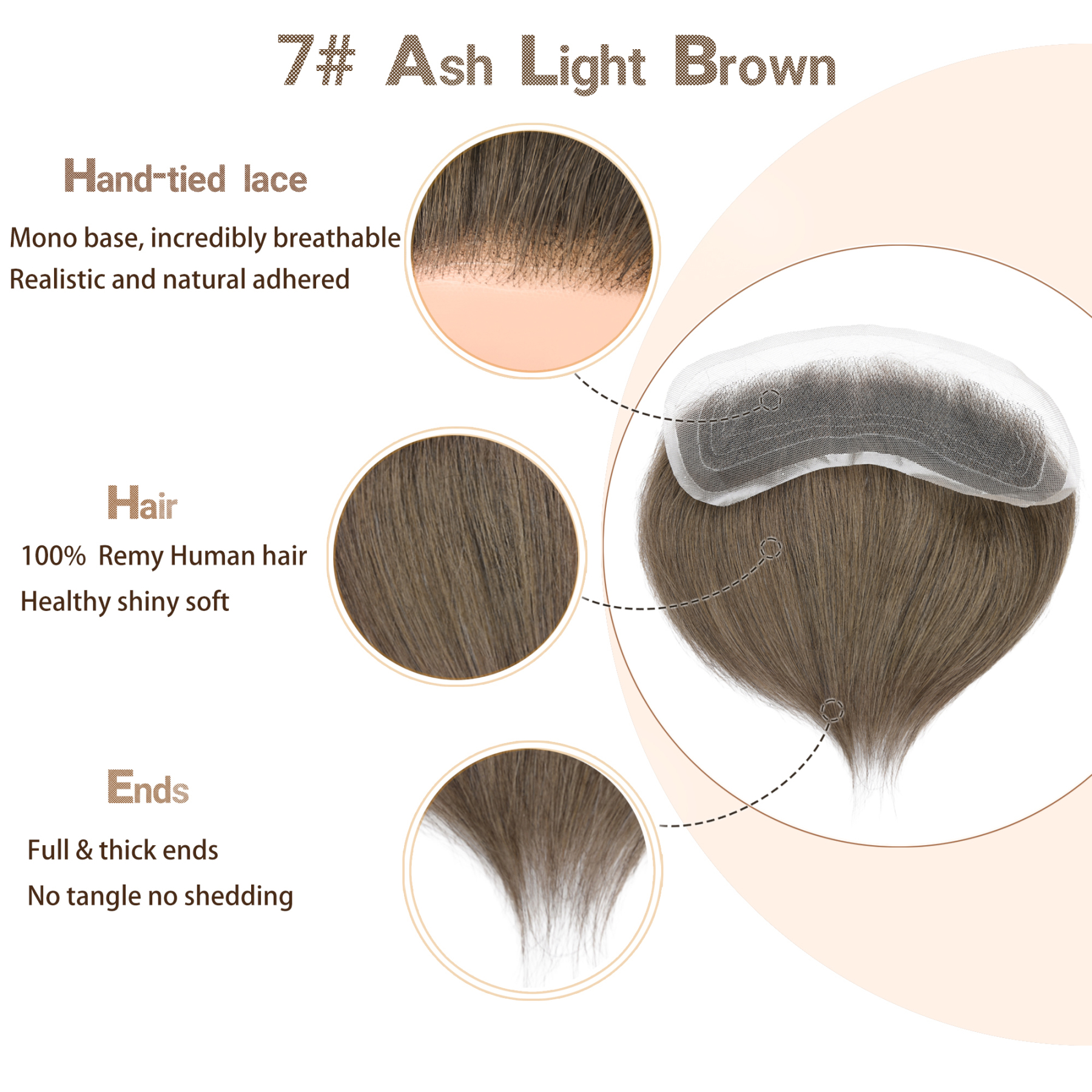 Meiverah Hand-Tied Mono Base Men's Hair System - Breathable, Realistic Hairline & Natural-Looking Hair Replacement（7#)