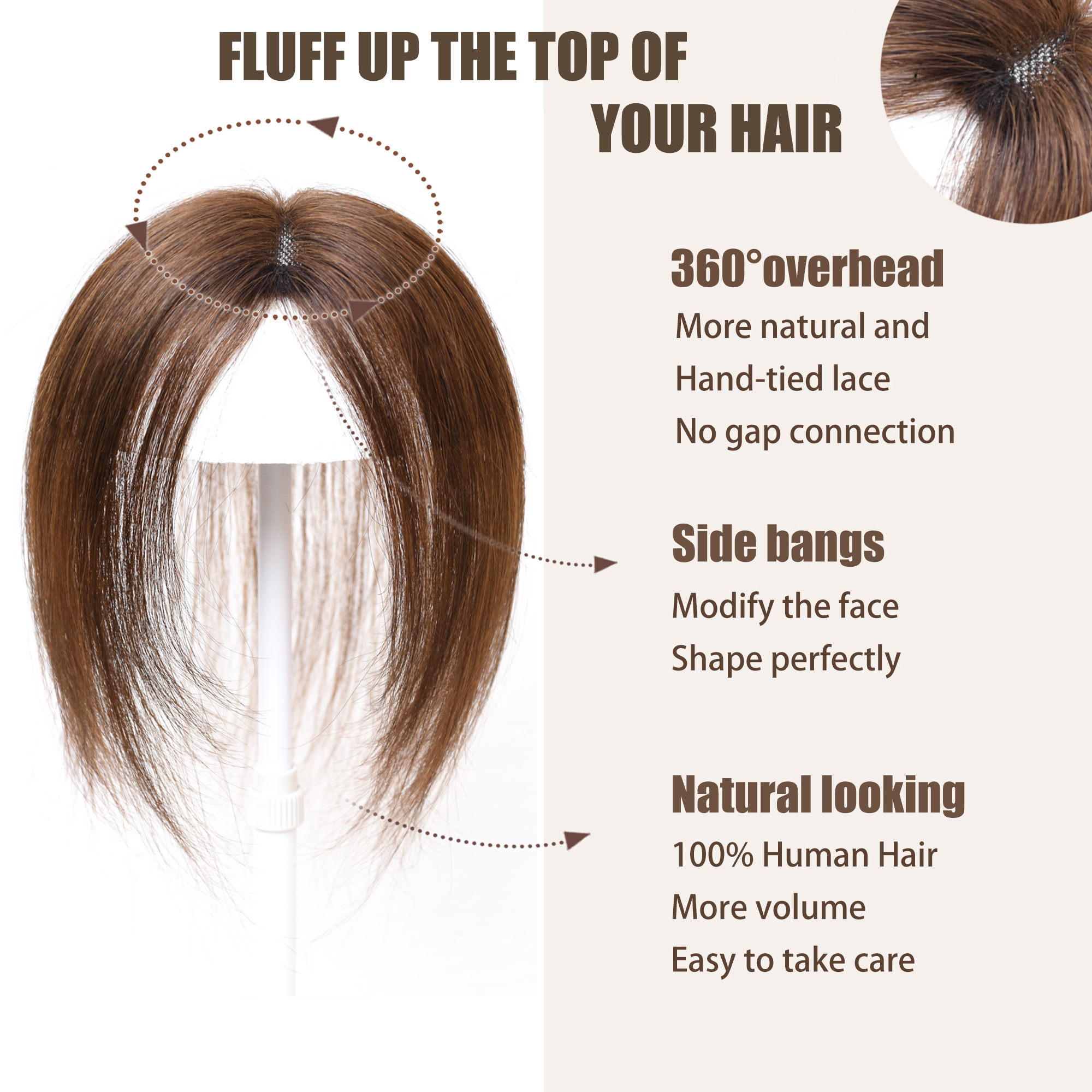 Meiverah Handmade Human Hair Middle Part Clip In Toupee No Bangs Seamless Natural Topper Breathable Mesh Base Women Thickening Hairpiece (Medium Brown)