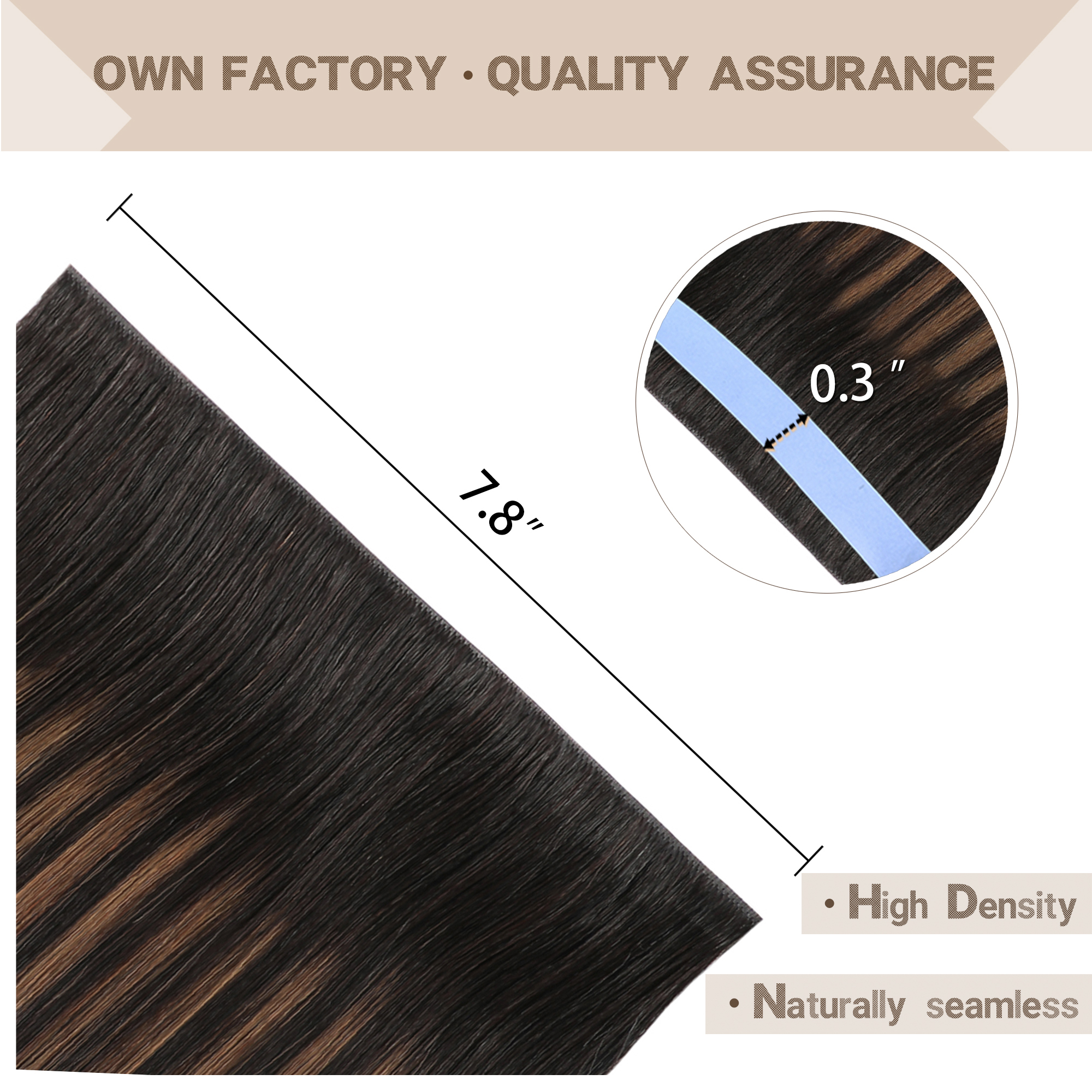 Meiverah 7.87 x 0.32 Inch Long Seamless Hand-Tied Invisible Tape-In Hair Extensions (4 Pcs) - Virgin Human Hair (#P1B/6/T1B)