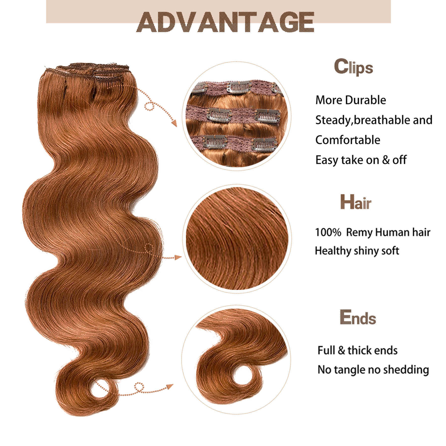 Meiverah Hair Clip in Body Wave Human Hair Extensions Copper Red Color Virgin Hair Double Weft(Copper Red)
