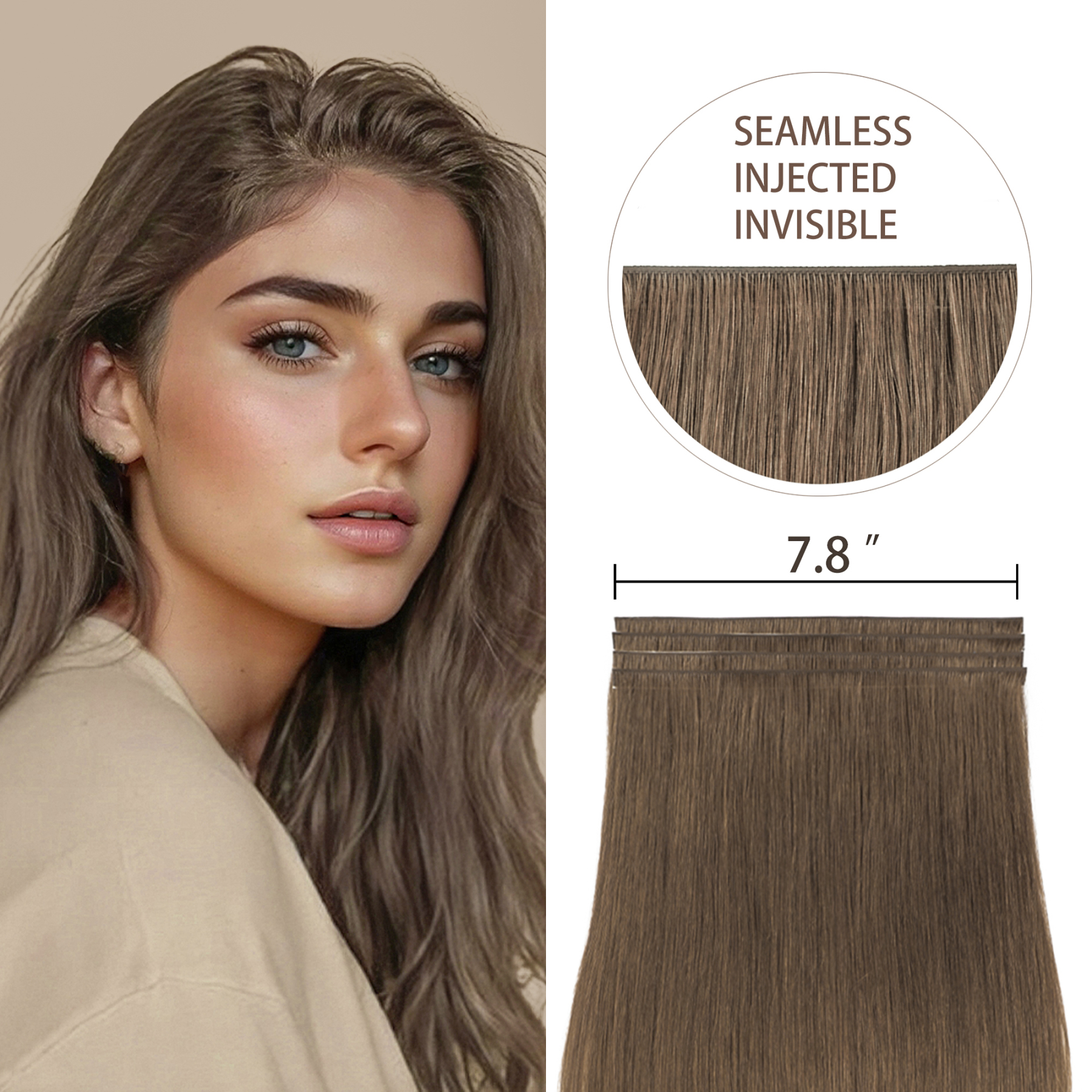 Meiverah 7.87 x 0.32 Inch Long Seamless Hand-Tied Invisible Tape-In Hair Extensions (4 Pcs) - Virgin Human Hair (#4)