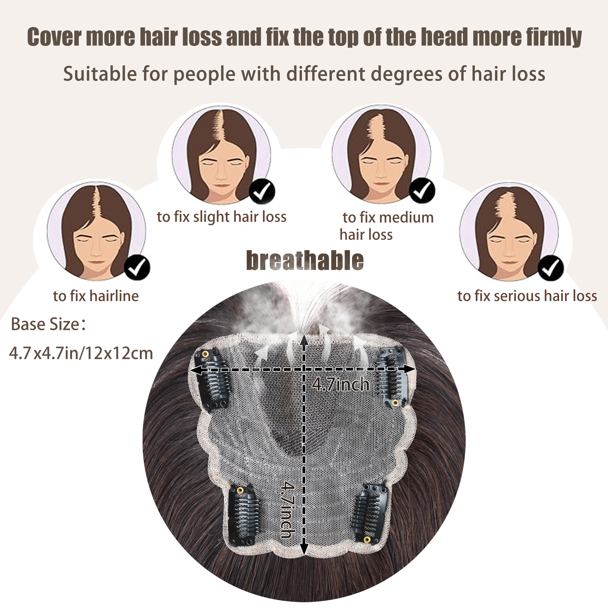 Meiverah Real Human Hair Swiss Mono Base Hand-tied Topper with Bangs (Dark Brown, 12inch/30cm)- Clip-In Thick Hairpiece for Women 