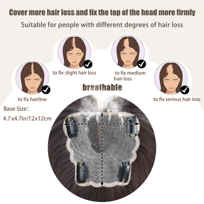 Meiverah Real Human Hair Swiss Mono Base Hand-tied Topper with Bangs (Dark Brown, 12inch/30cm)- Clip-In Thick Hairpiece for Women 