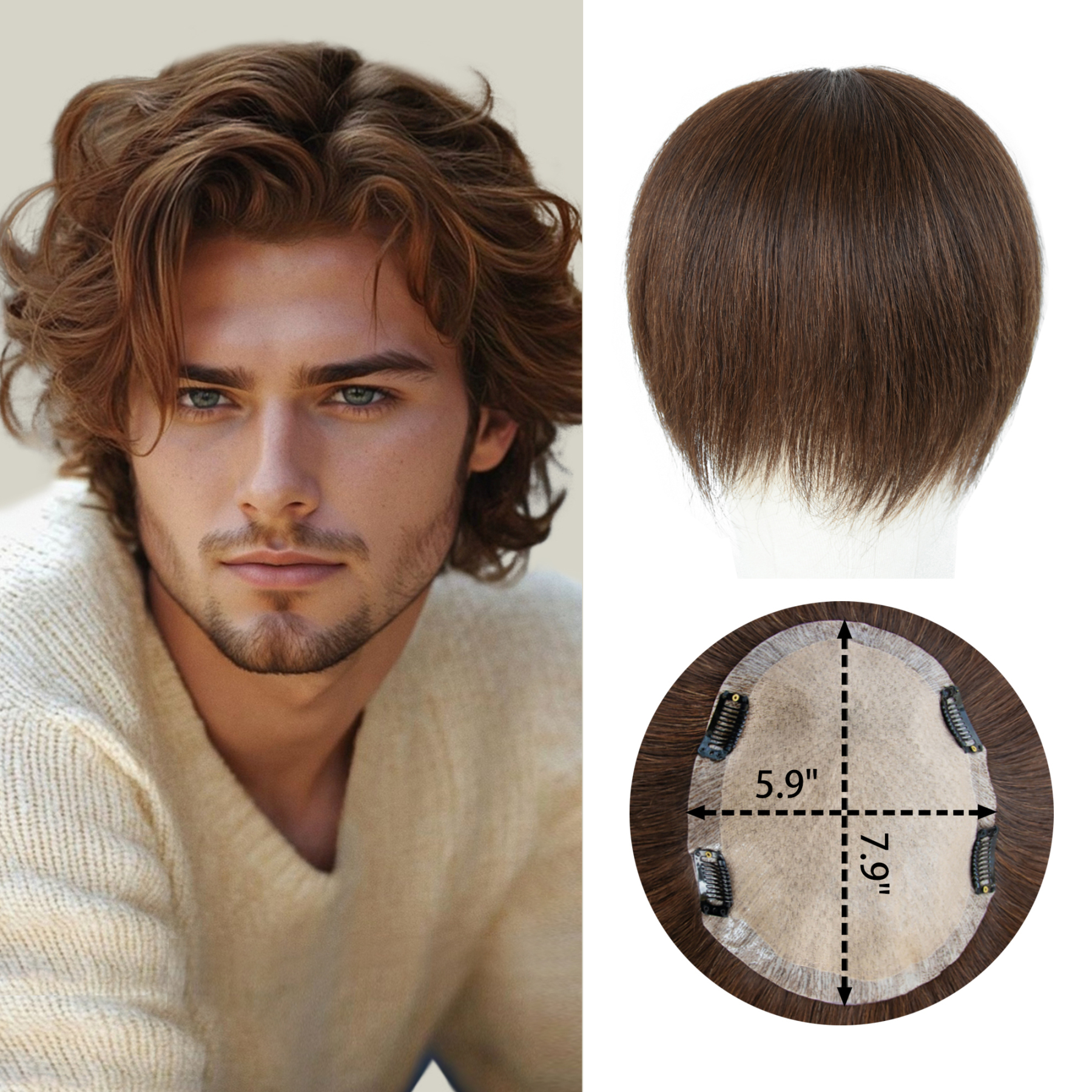 Meiverah Hair Untrimmed Hand Tied PU/Slik Base Toupee with Biological Scalp Toupee Human Hair Extension Clip in Hairpieces Topper Top HairPiece for Men (Medium Brown, PU)