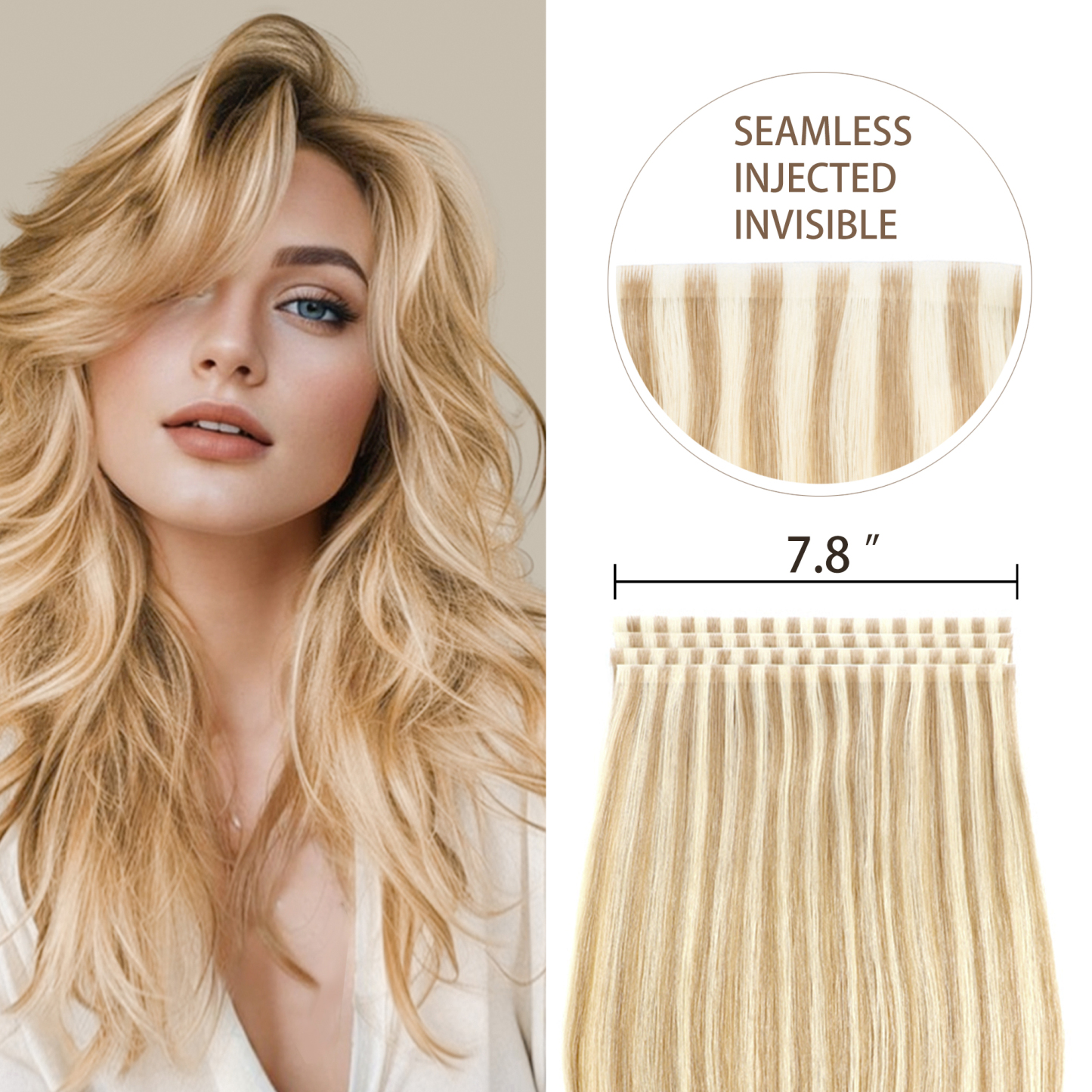 Meiverah 7.87 x 0.32 Inch Long Seamless Hand-Tied Invisible Tape-In Hair Extensions (4 Pcs) - Virgin Human Hair (#P18/613)