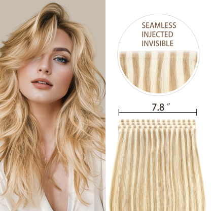Meiverah 7.87 x 0.32 Inch Long Seamless Hand-Tied Invisible Tape-In Hair Extensions (4 Pcs) - Virgin Human Hair (#P18/613)
