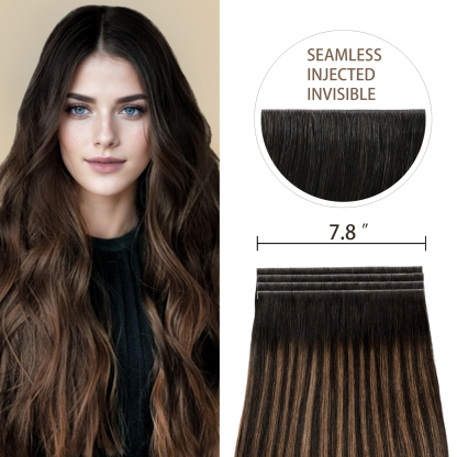 Meiverah 7.87 x 0.32 Inch Long Seamless Hand-Tied Invisible Tape-In Hair Extensions (4 Pcs) - Virgin Human Hair (#P1B/6/T1B)
