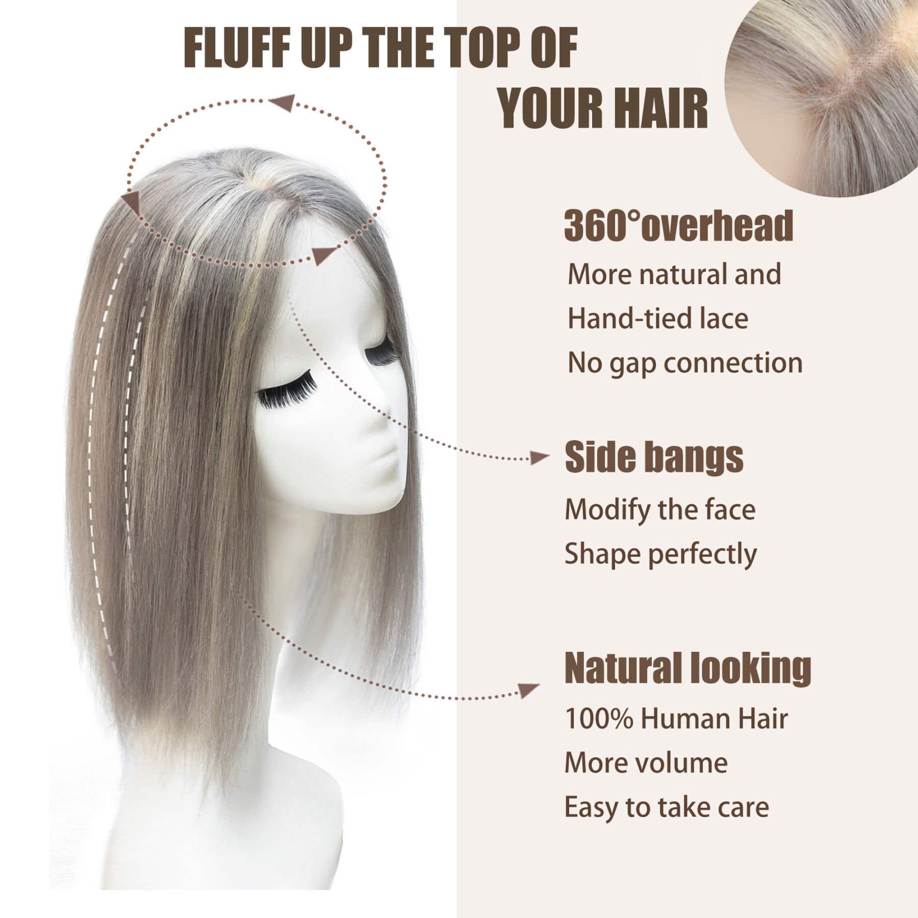 Meiverah Natural-Looking Handmade Full Hand-tied PU Mono Lace NO Bangs Clip-In Women Toupee -（P613/grey#）