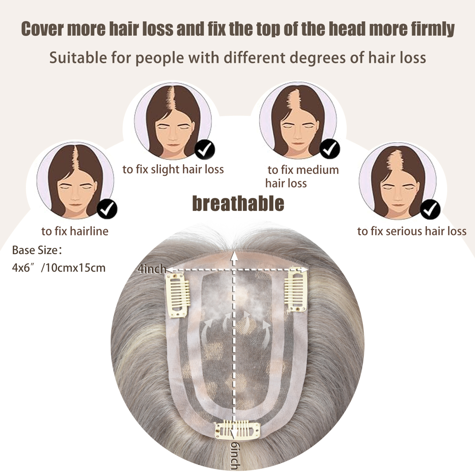 Meiverah Natural-Looking Handmade Full Hand-tied PU Mono Lace NO Bangs Clip-In Women Toupee -（P613/grey#）