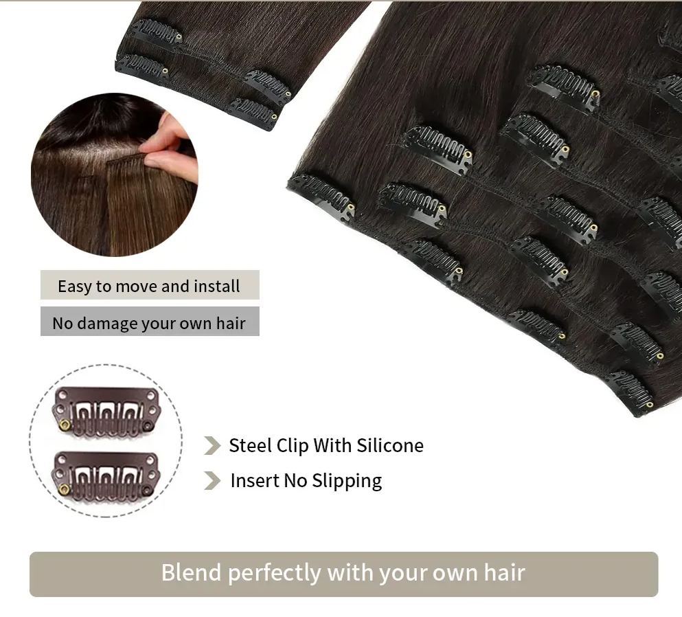 Meiverah Hair Clip in Body Wave Human Hair Extensions Copper Red Color Virgin Hair Double Weft(Natural Black)