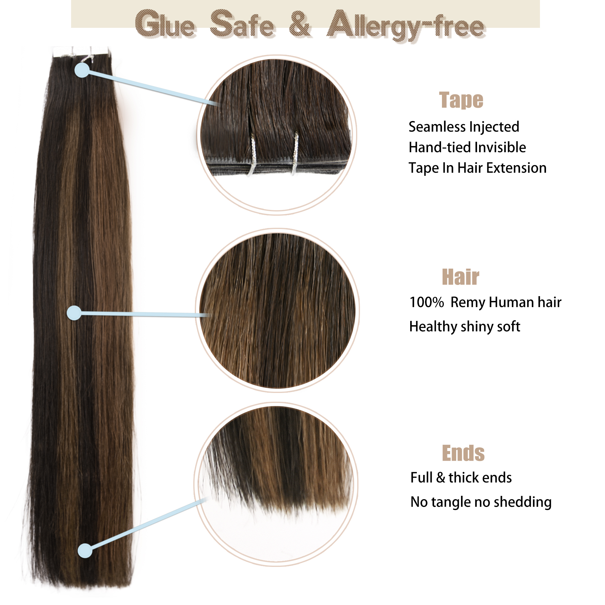 Meiverah Seamless Injected Hand-Tied Tape In Hair Extensions 20 Pcs/50 g Virgin Human Hair (#P2-6-T2)