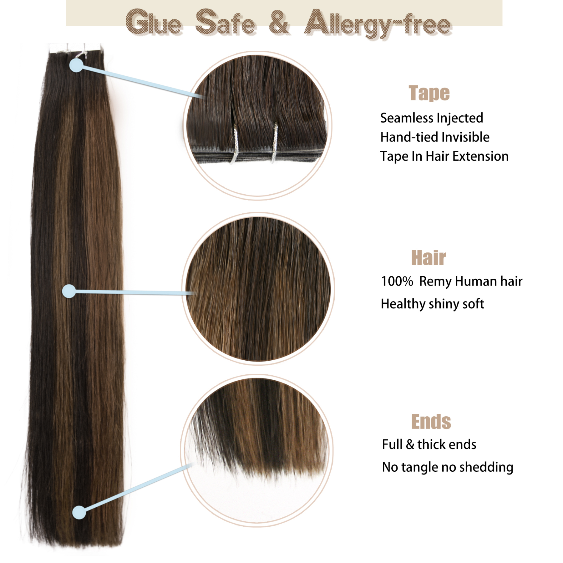 Meiverah Seamless Injected Hand-Tied Tape In Hair Extensions 20 Pcs/50 g Virgin Human Hair (#P2-6-T2)