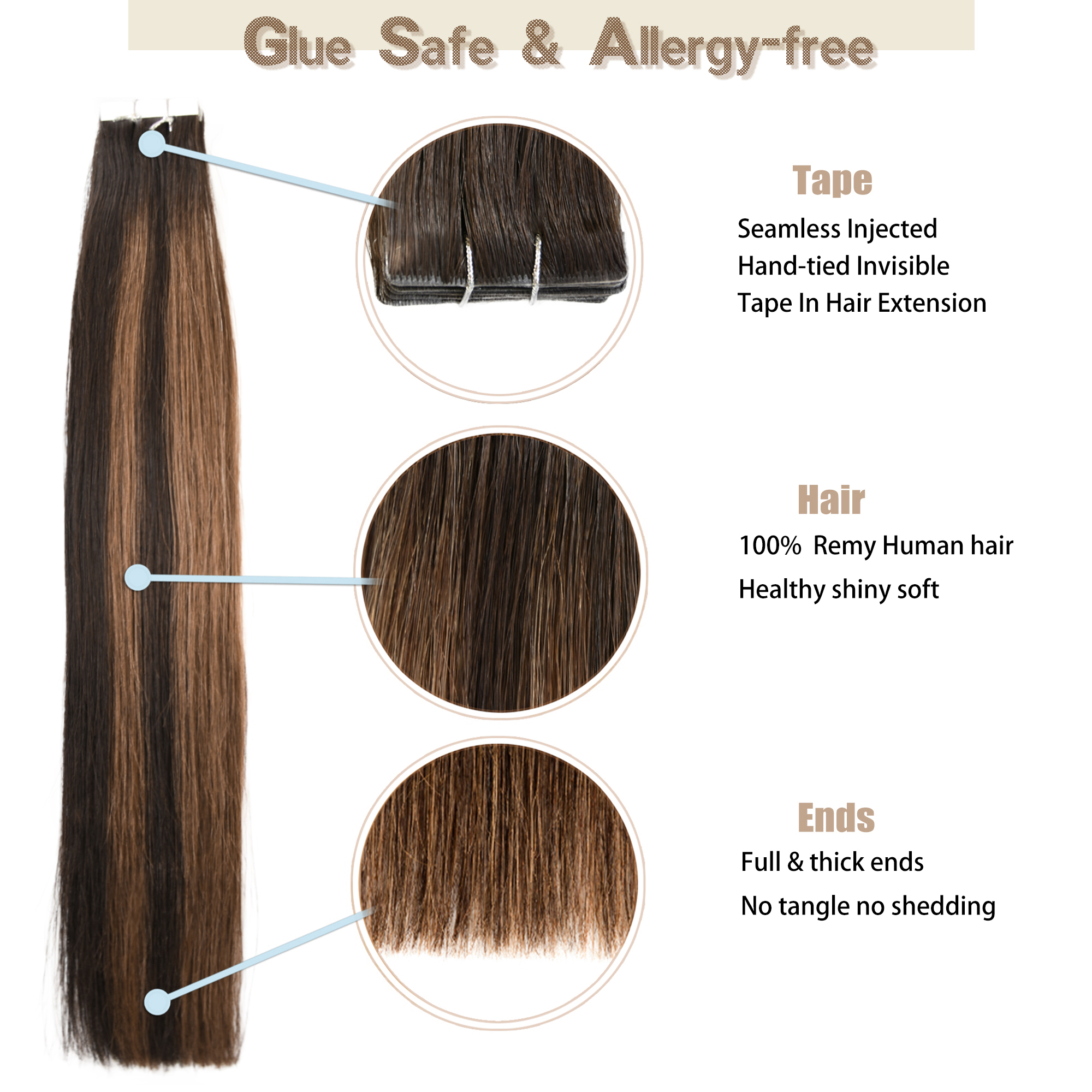 Meiverah Seamless Injected Hand-Tied Tape In Hair Extensions 20 Pcs/50 g Virgin Human Hair (P2-6-T2)
