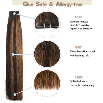 Meiverah Seamless Injected Hand-Tied Tape In Hair Extensions 20 Pcs/50 g Virgin Human Hair (P2-6-T2)