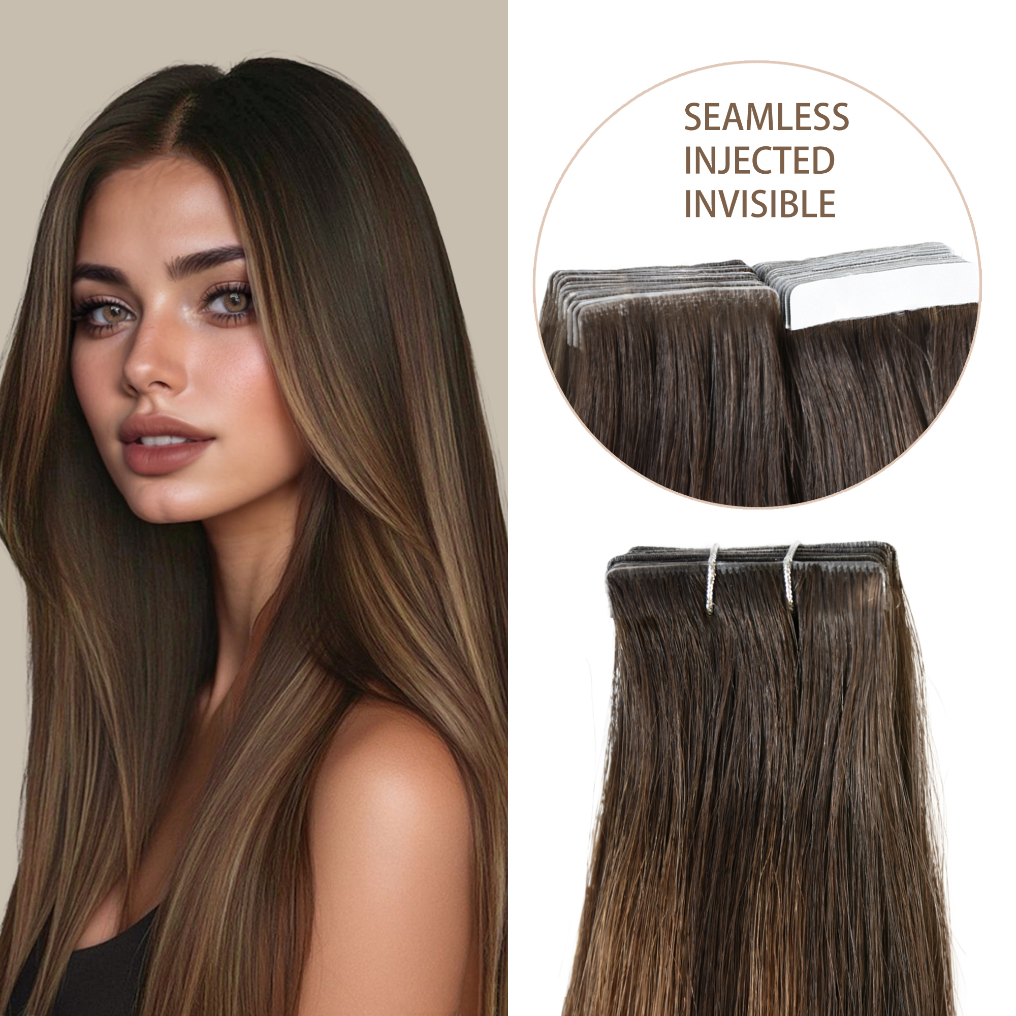 Meiverah Seamless Injected Hand-Tied Tape In Hair Extensions 20 Pcs/50 g Virgin Human Hair (#P2-6-T2)