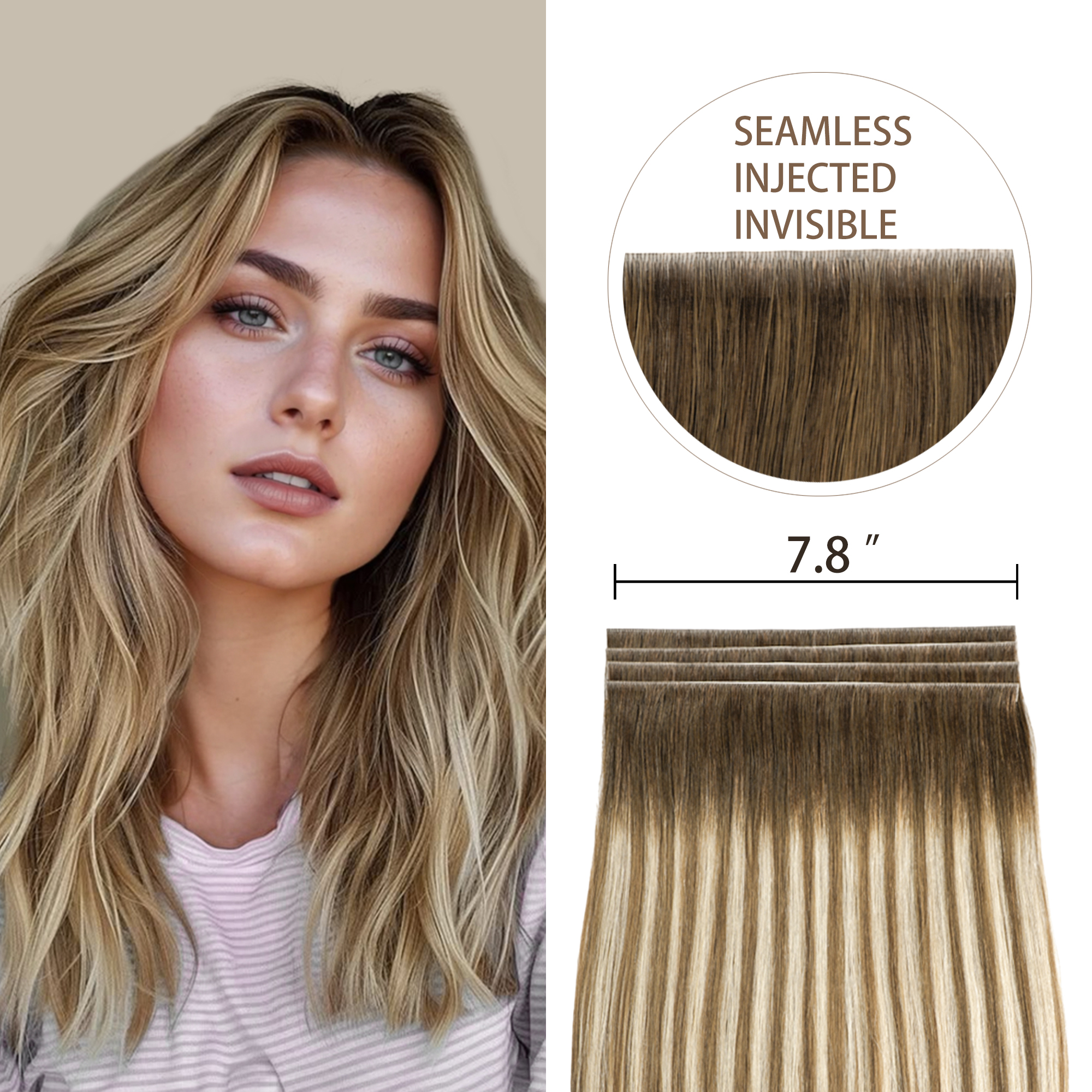 Meiverah 7.87 x 0.32 Inch Long Seamless Hand-Tied Invisible Tape-In Hair Extensions (4 Pcs) - Virgin Human Hair (#P6/613/T4)