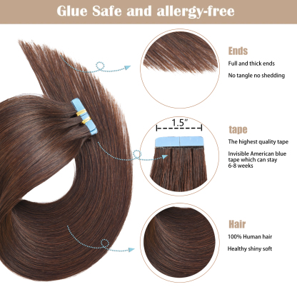 Meiverah Tape In Hair Extensions 20Pcs/50g Tape Ins Natural Remy Human Hair (#3)