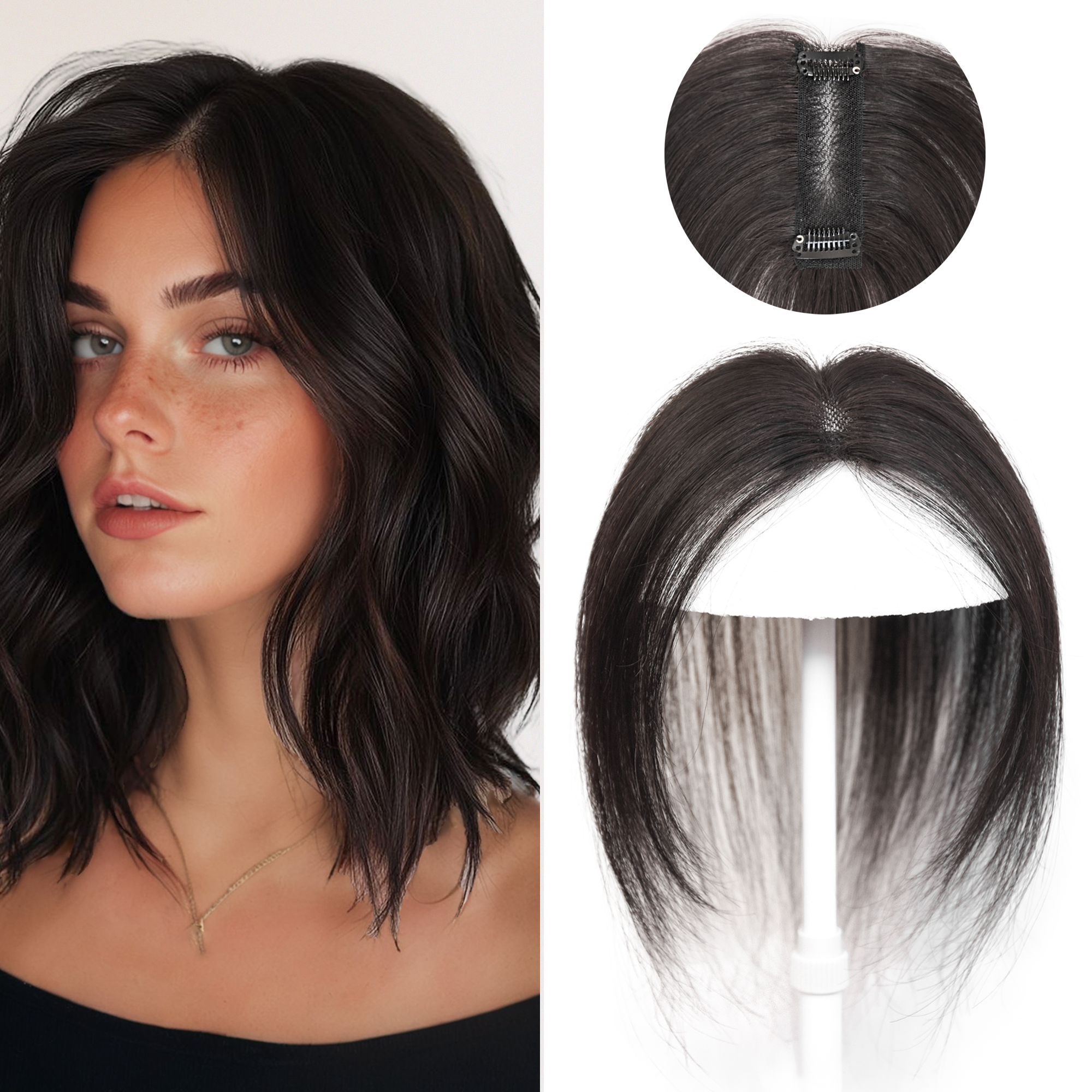 Meiverah Handmade Human Hair Middle Part Clip In Toupee No Bangs Seamless Natural Topper Breathable Mesh Base Women Thickening Hairpiece (1B Natural Black)