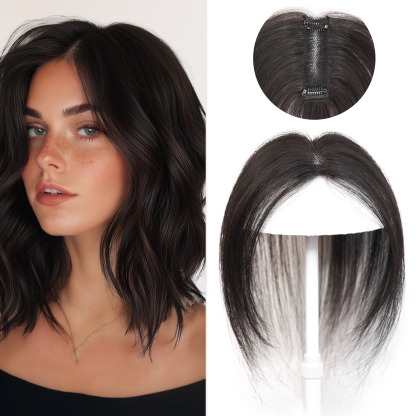 Meiverah Handmade Human Hair Middle Part Clip In Toupee No Bangs Seamless Natural Topper Breathable Mesh Base Women Thickening Hairpiece (1B Natural Black)