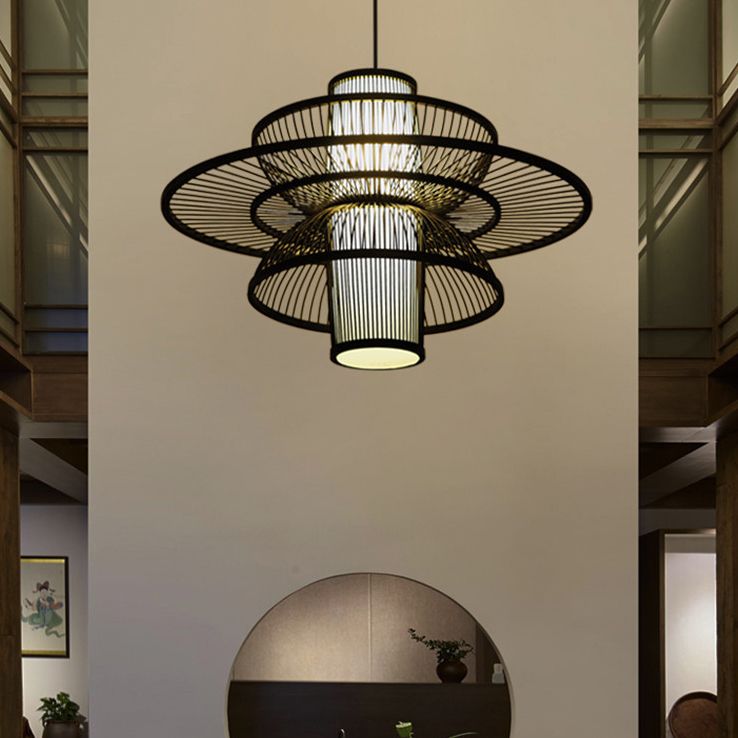 Muto Moderno LED Lámpara Colgante Negro/Beige Salón/Comedor/Dormitorio Mesa de Comedor Ratán