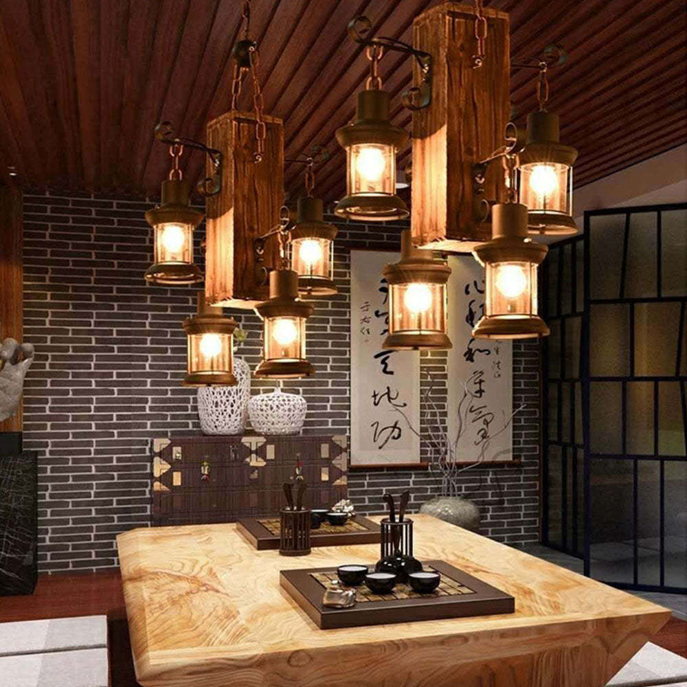 Austin Retro LED Lámpara Colgante Rectangular Jaula Sala de Estar, Metal Madera